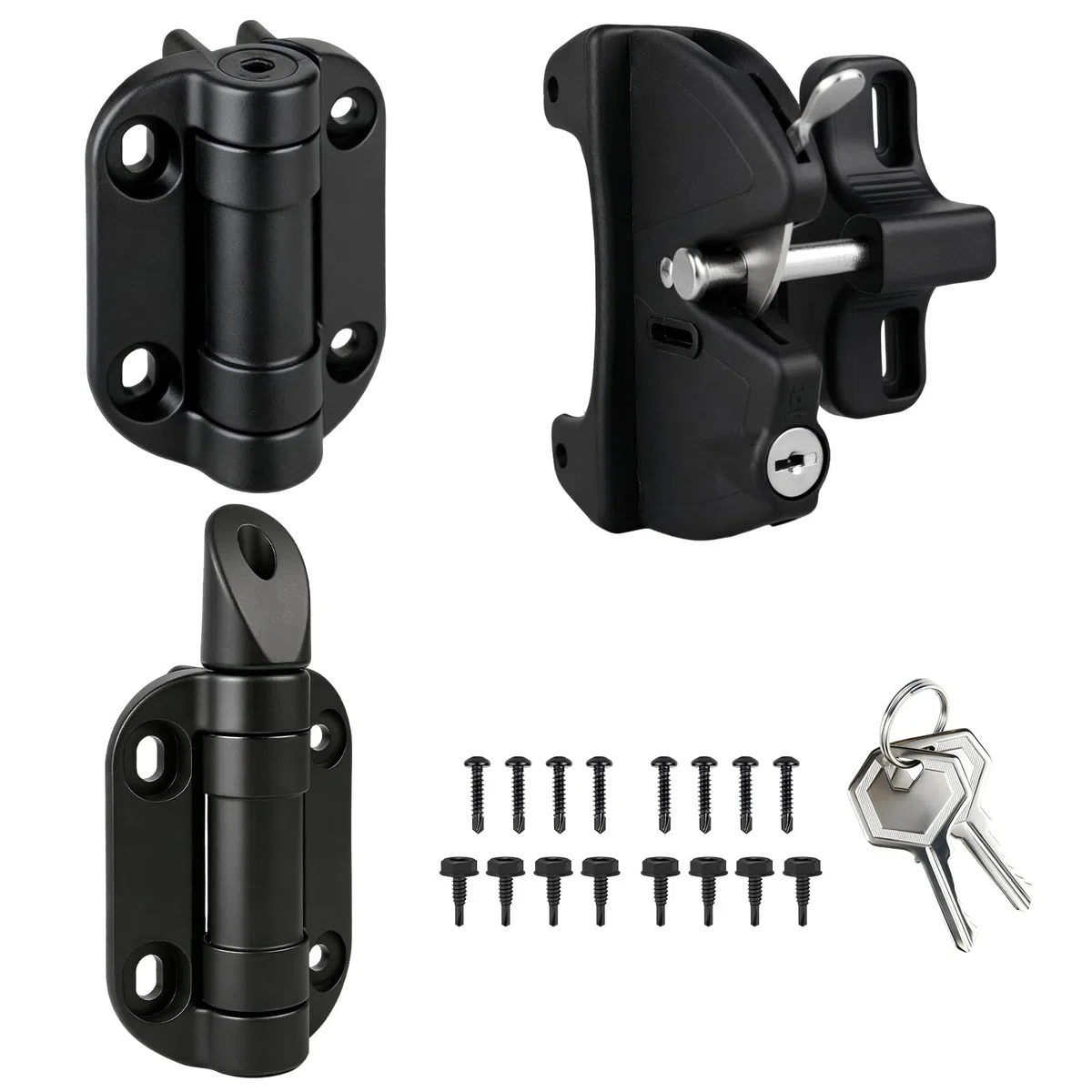 Egadis Charnières de portail à fermeture automatique de qualité supérieure avec loquet verrouillable à clé | Kit de quincaillerie pour portail extérieur robuste pour terrasse, porche, portails de cour