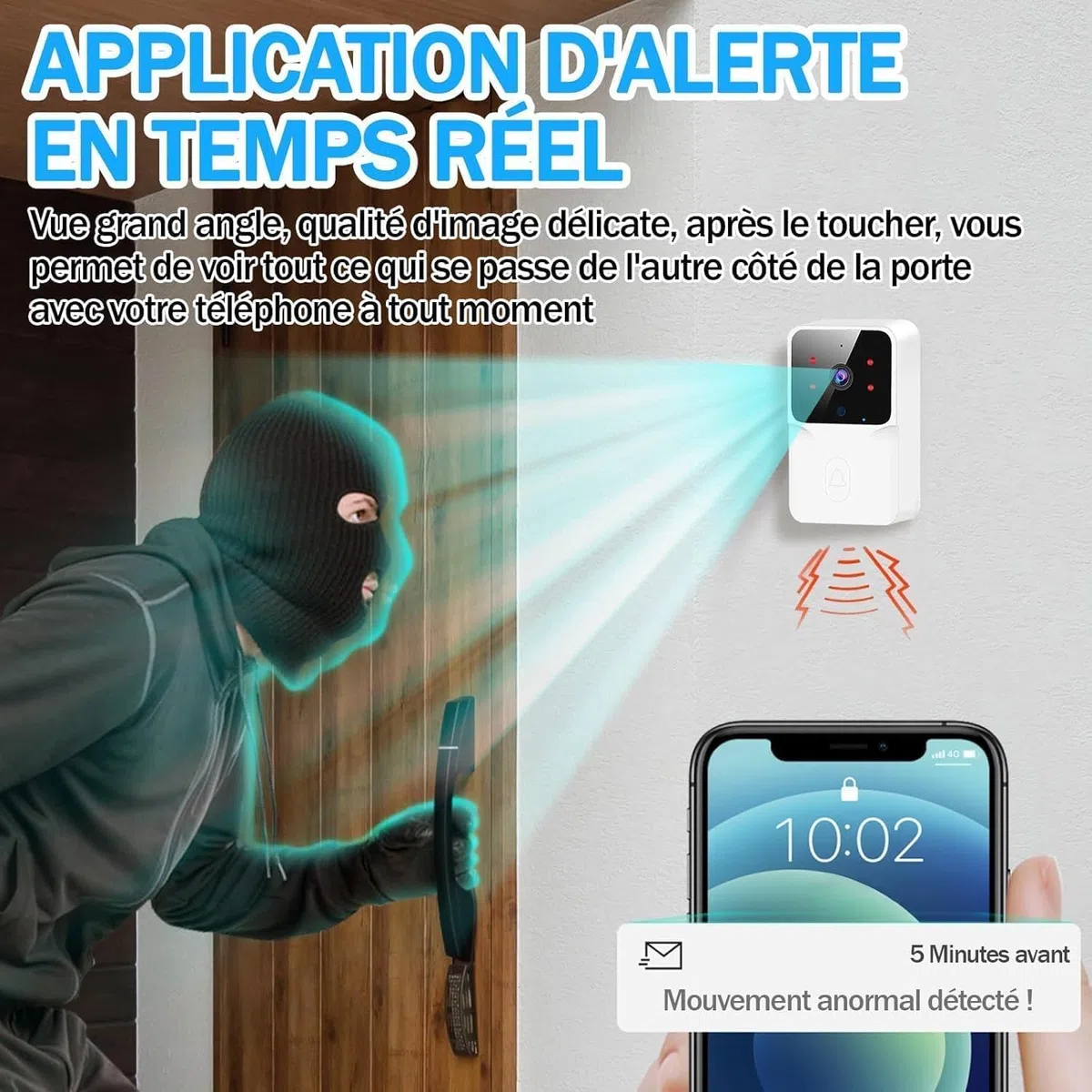 Sonnette sans Fil Extérieure Étanche,Sonnette Vidéo sans Fil avec Caméra,1080P Surveillance WiFi de Vision Nocturne HD,Audio Bidirectionnel, Alertes de Détection Humaine (Small)