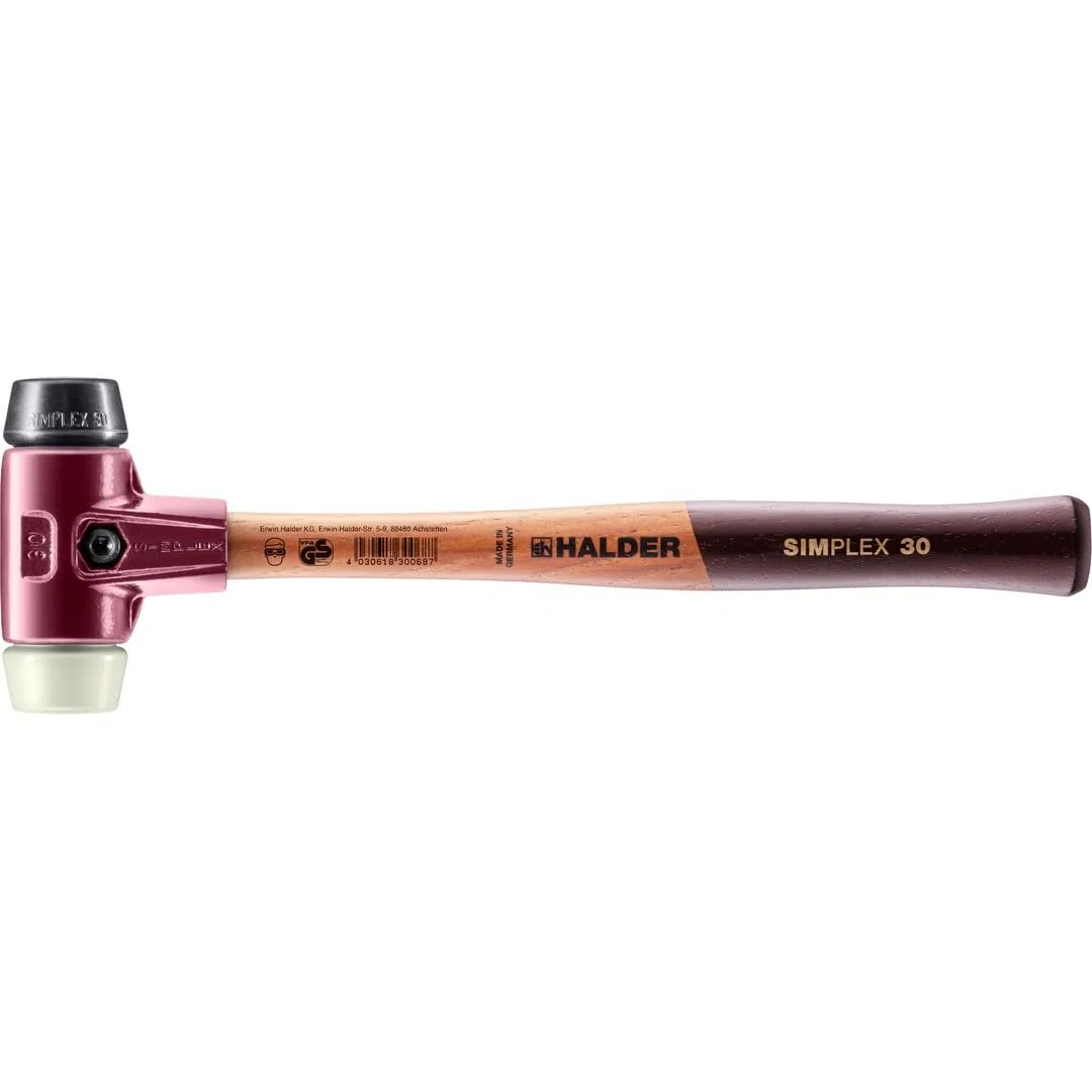 Maillet SIMPLEX, Caoutchouc chargé/nylon; avec boîtier en fonte malléable et manche en bois | D=30 mm | 3028.030