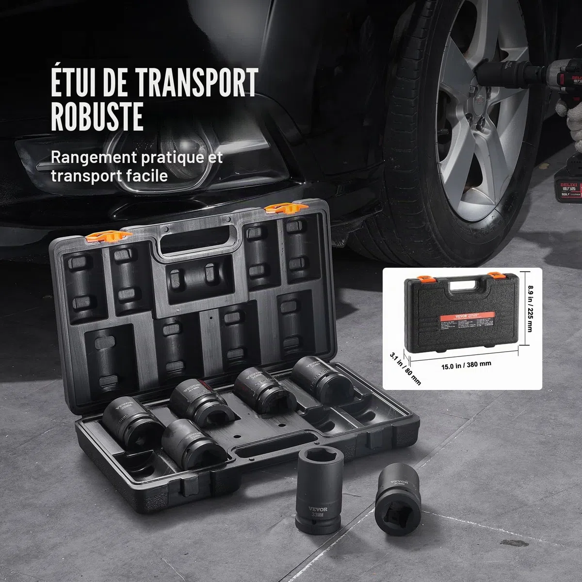VEVOR Coffret Douilles à Chocs Profondes 1 po Métrique 27-41 mm, Kit pour Clé à Cliquet 8PCs, en Acier Allié Cr-Mo, 6 Pans, Marquages de Taille Faciles à Lire, pour la Réparation Automobile, Atelier