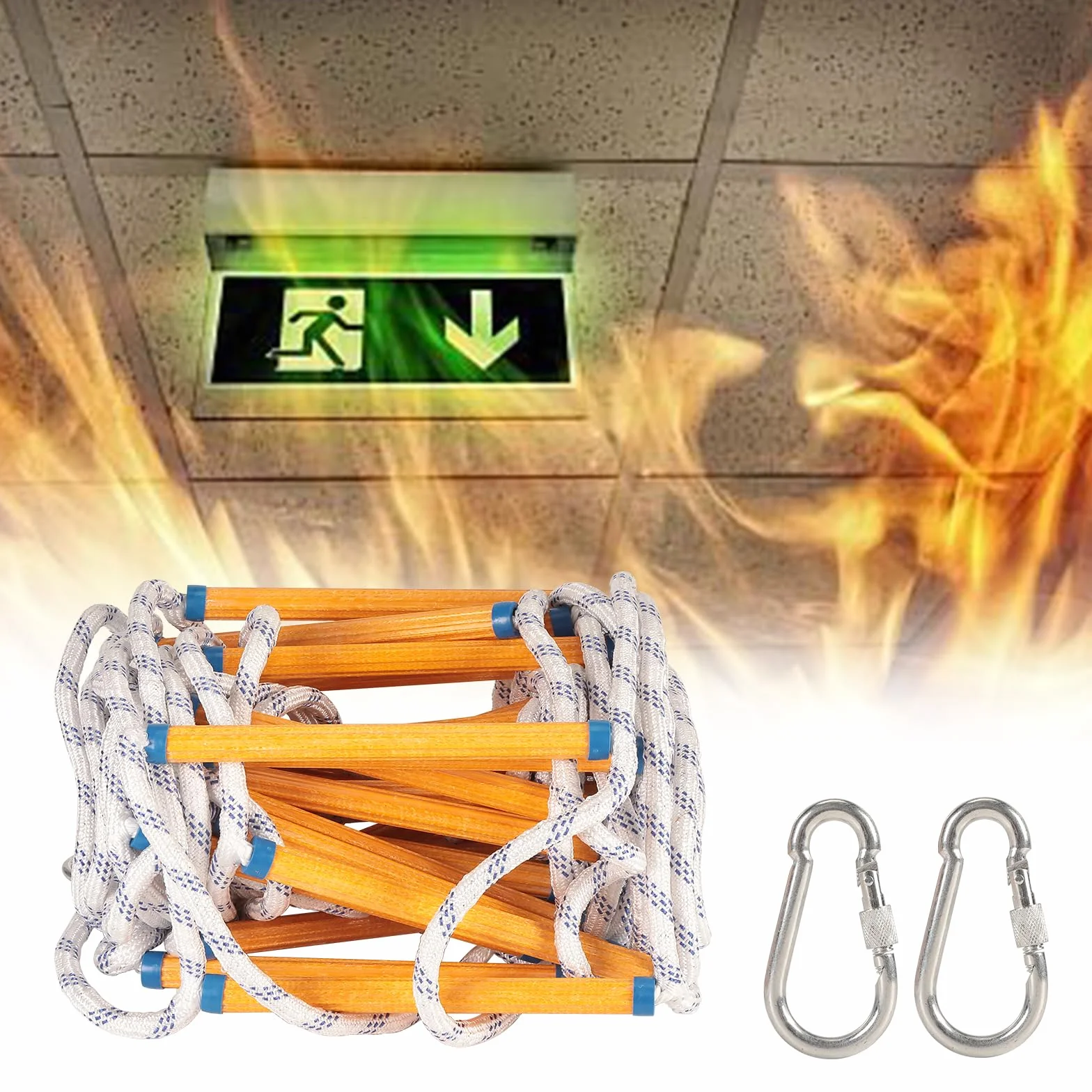 Echelle de Cordes 3M, Échelles de Secours Incendie avec 2 Crochet, Ignifuge et Résistant Charge 200 kg pour Adultes Enfants