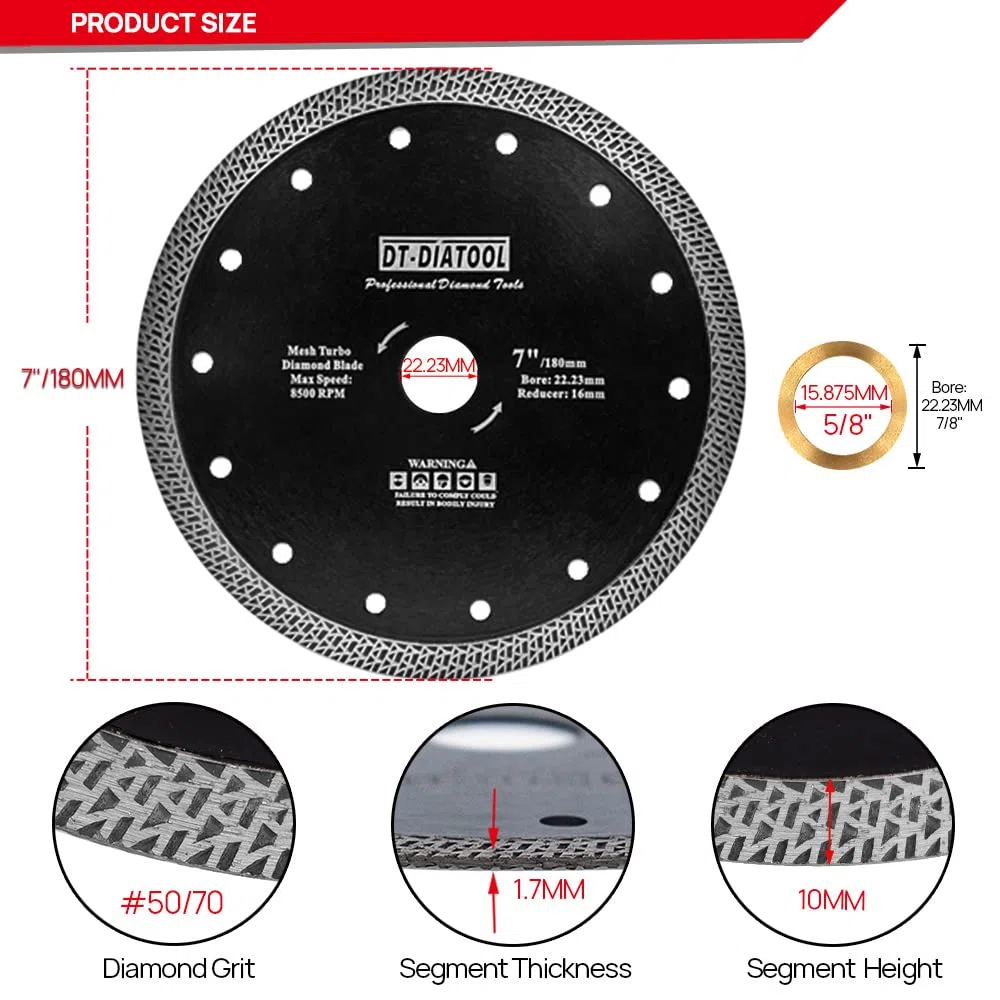 DT-DIATOOL Disque à Tronçonner Diamante 180 mm x 22,23 mm/16 mm Lame de Scie avec Maille Turbo pour Porcelaine Tuile Marbre Céramique Granit