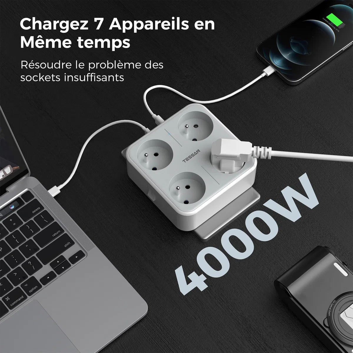 TESSAN Multiprise Murale Française avec 4 Sortie AC et 3 Ports USB, 7 en 1 Prise Électrique 4000W avec Interrupteur, Secteur USB C Gris Convient pour Domicile, Bureau, Compatible pour Phone, Pad