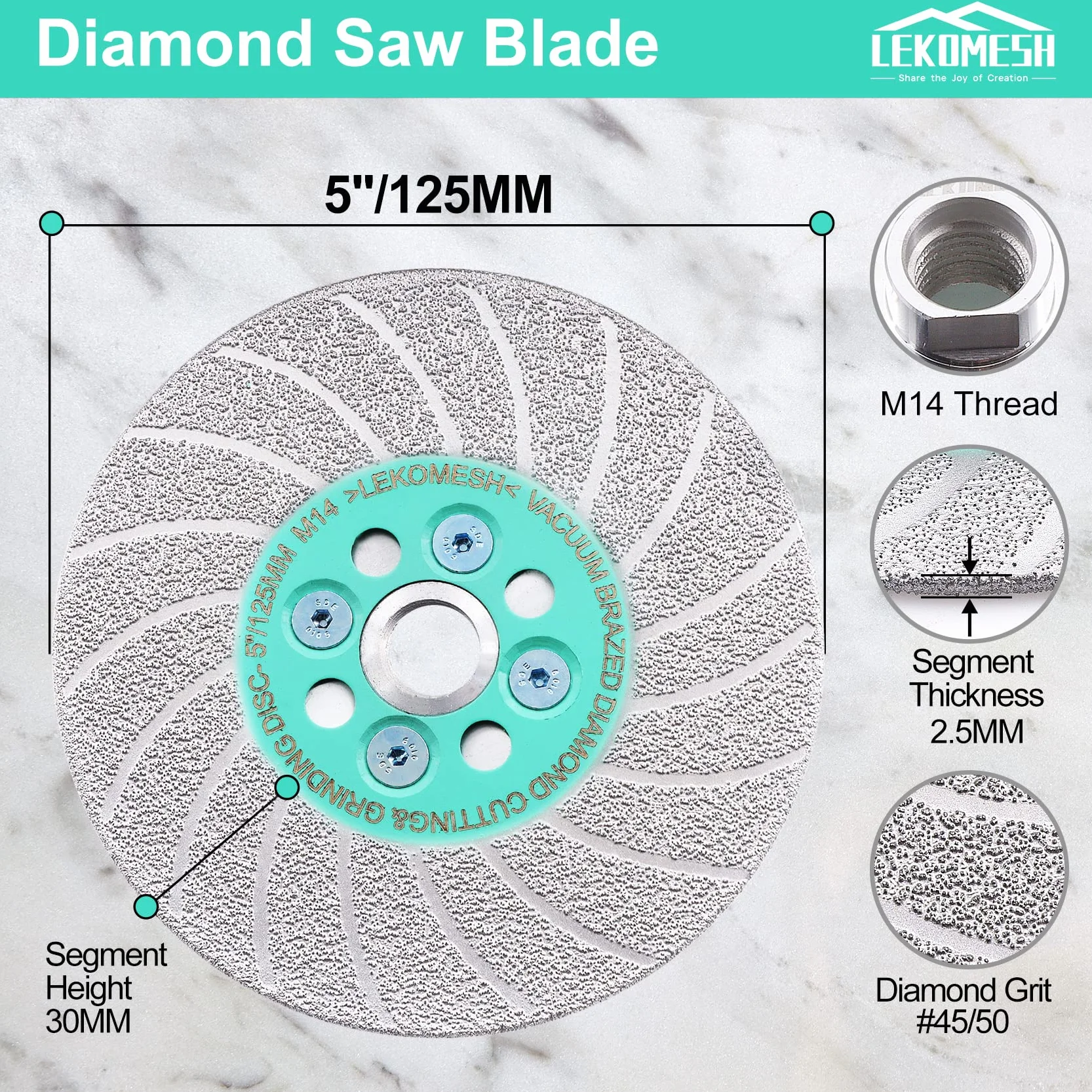 Disque Diamant 125 mm Coupe & Meulage, Double Face Brasé sous Vide pour Meuleuse d’Angle, Multi-Matériaux (Carrelage, Marbre, Granit, Béton), Coupe Rapide et Façonnage