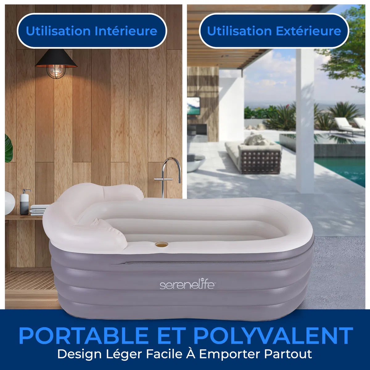 SereneLife Baignoire de Spa avec Tapis de Massage à Bulles, Baignoire Gonflable avec Coussin, Porte-Gobelet, Télécommande pour Éclairage LED, Dossier et Accoudoirs, Convient jusqu'à 86 kg