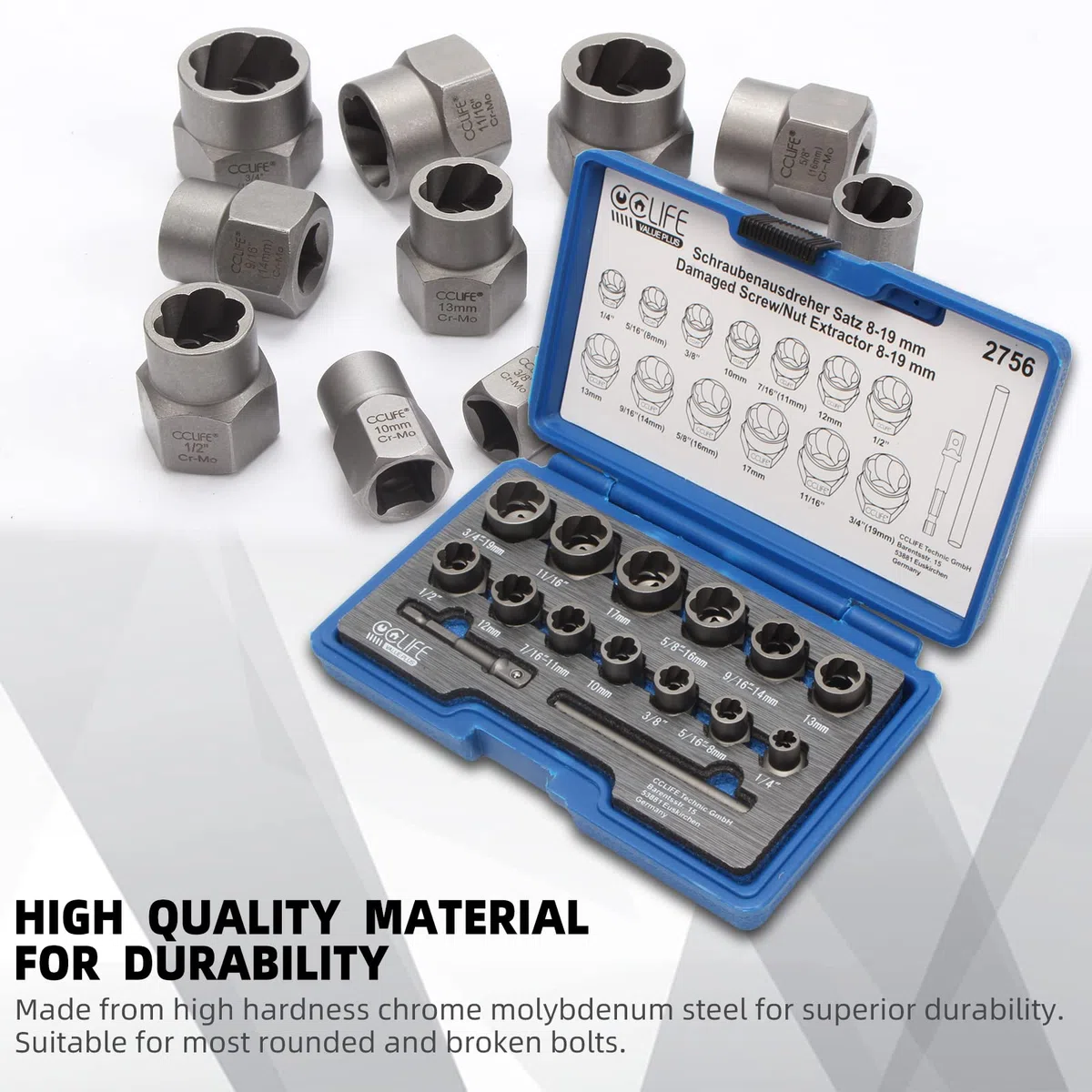 CCLIFE 15pcs Coffret douille extracteurs de boulons et d'écrousl, extracteur d'ecrou endommagés Cr-Mo Matériau 8-19mm,Entraînement carré 3/8'