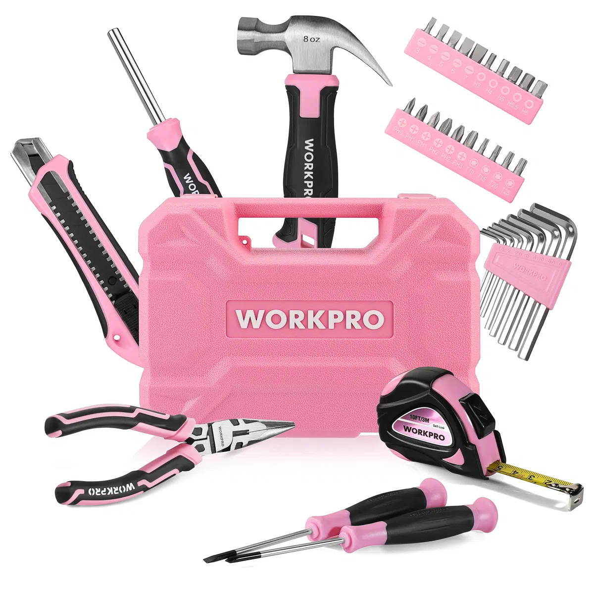 WORKPRO Caisse à Outils Rose 35 Pièces, Trousse à Outils avec Boîte de Rangement, Mallette Outils Rose pour Usage Domestique ou Petits Travaux | Trousse à Outils avec Boîte de Rangement, Mallette Outils Rose pour Usage Domestique ou Petits Travaux