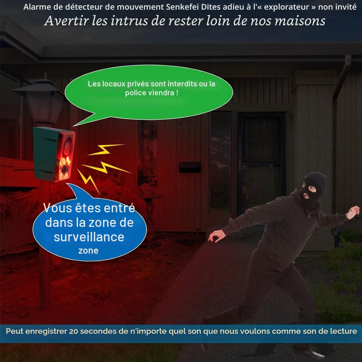 Alarme de détecteur de Mouvement Solaire extérieur - aboiement de Chien et Coup de feu, générateur de Bruit 130dB avec télécommande, Enregistrement de 20 Secondes, Dites Adieu aux intrus
