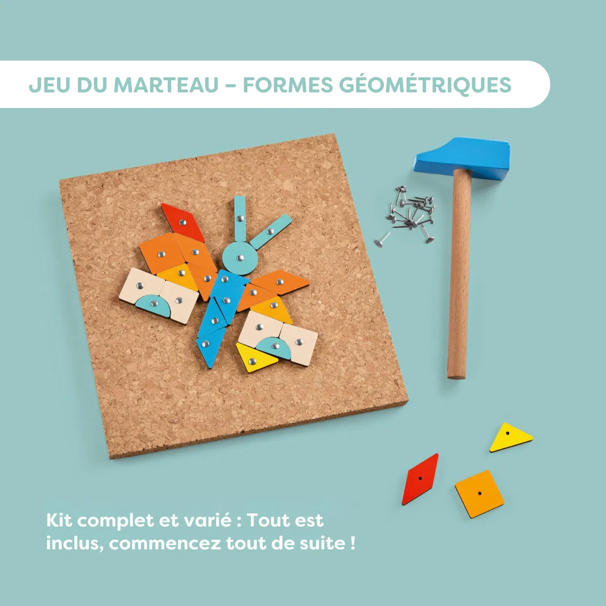 HABA Jeu du Marteau Formes géométriques : Jouet en Bois avec Marteau et Clous pour Enfants dès 3 Ans – Jouet créatif avec Plaque en liège et modèles – 2013791001