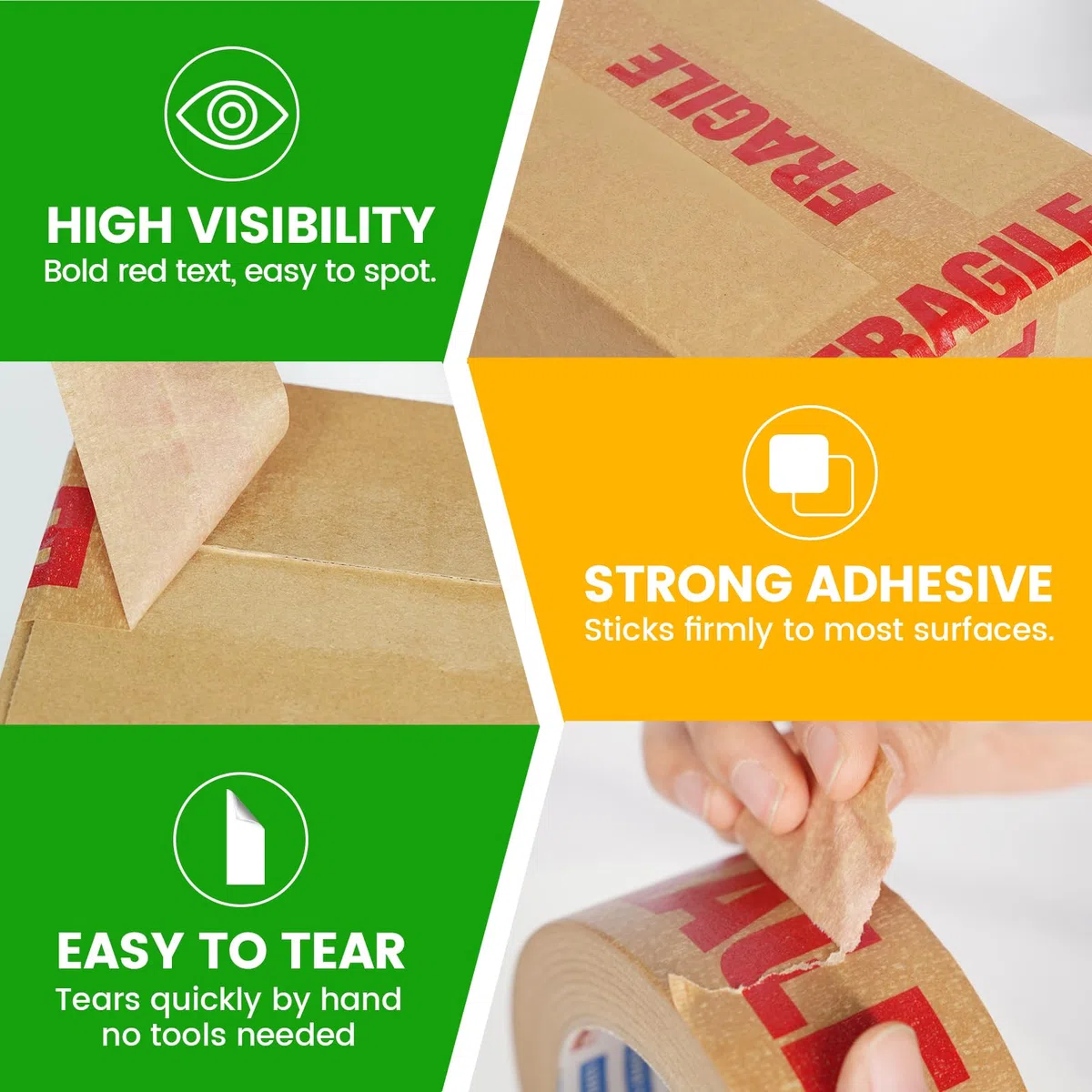 ADHES 3rolls Ruban Adhésif Fragile pour boîtes ruban Kraft brun entièrement recyclable pour un emballage en papier écologique robuste pour les déménagements et les objets fragiles