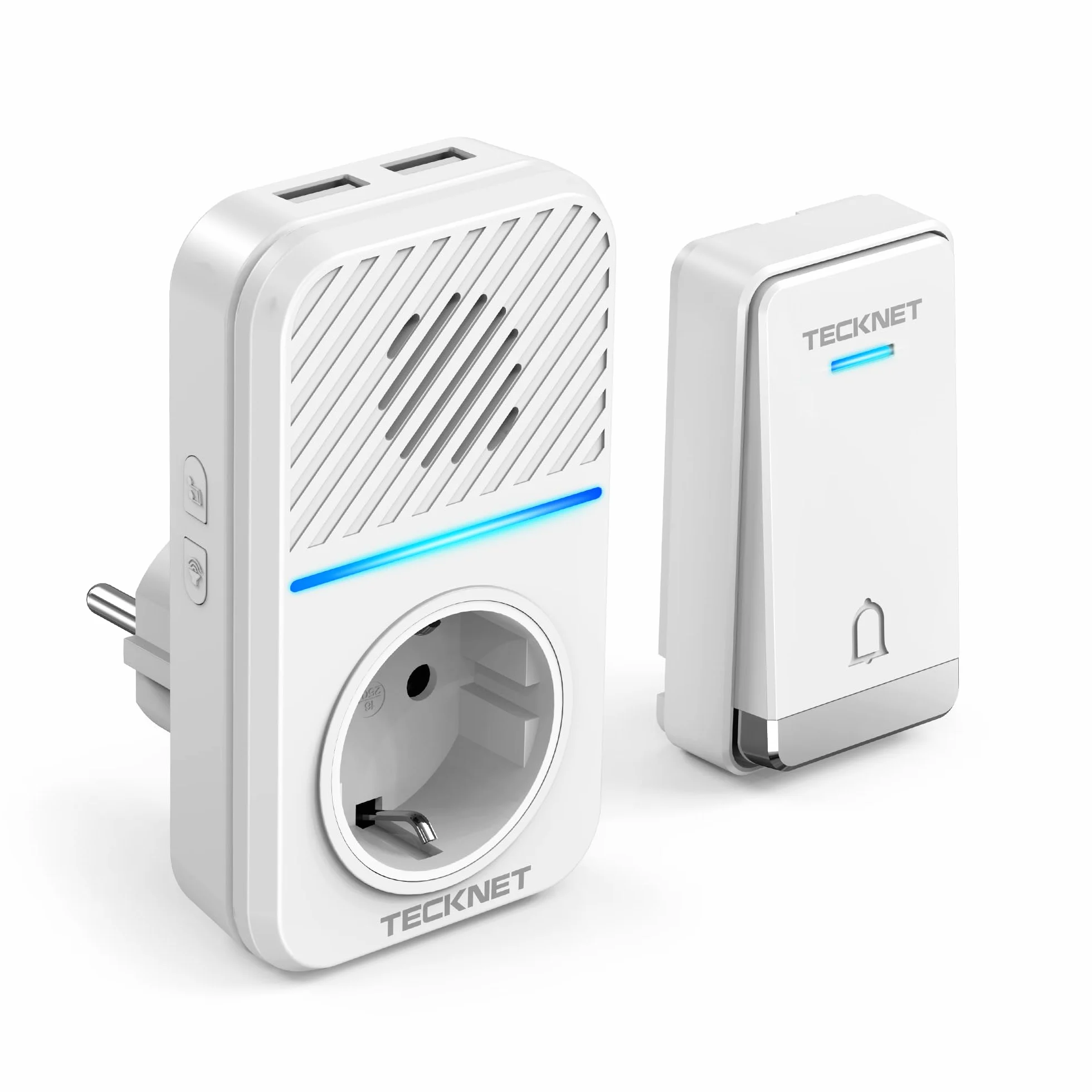 TECKNET Sonnette sans Fil, 400M Sonnette de Porte sans Fil Auto-alimentée, IP65 Étanche Carillon Electronique, Kit de Carillon avec Prises USB Externe et Lumière LED, 60 Mélodies, 5 Niveaux Volumes