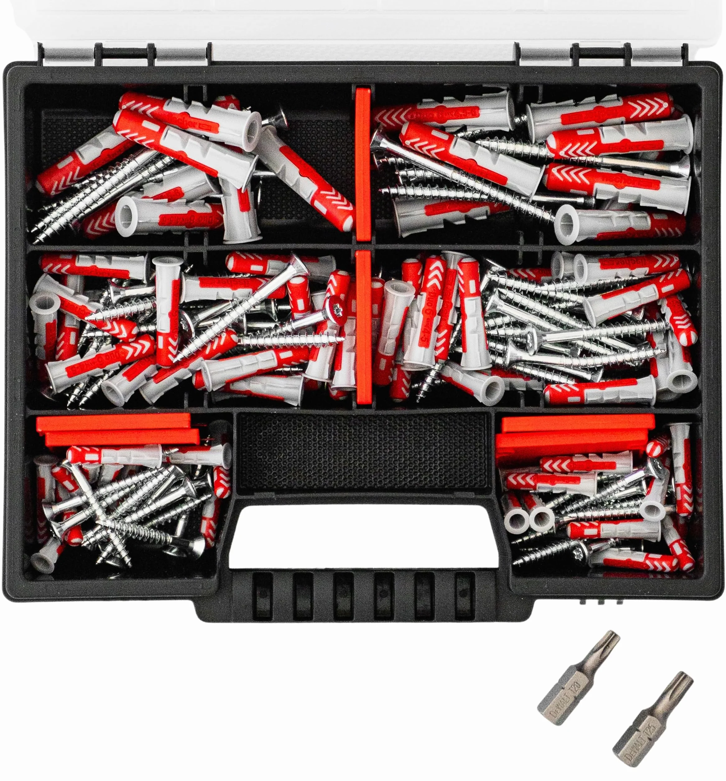 Fischer DuoPower Set de chevilles + vis avec embouts, assortiment de 162 pièces Chevilles de différentes tailles – 25 pièces 5 x 25 mm + 40 pièces 6 x 30 mm + 15 pièces 8 x 40 mm + vis chevilles