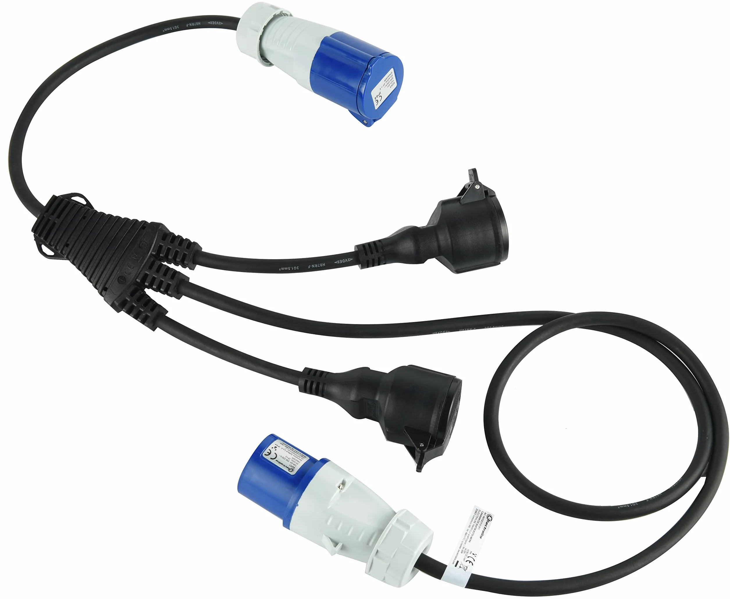 Electraline 46152 Câble d'alimentation pour caravane, Splitter à 3 voies avec 2 prises Schuko + 1 prise CEE, Fiche CEE pour usage extérieur IP44, câble en caoutchouc H07RN-F 3G1.5 mm, longueur 1.5 M