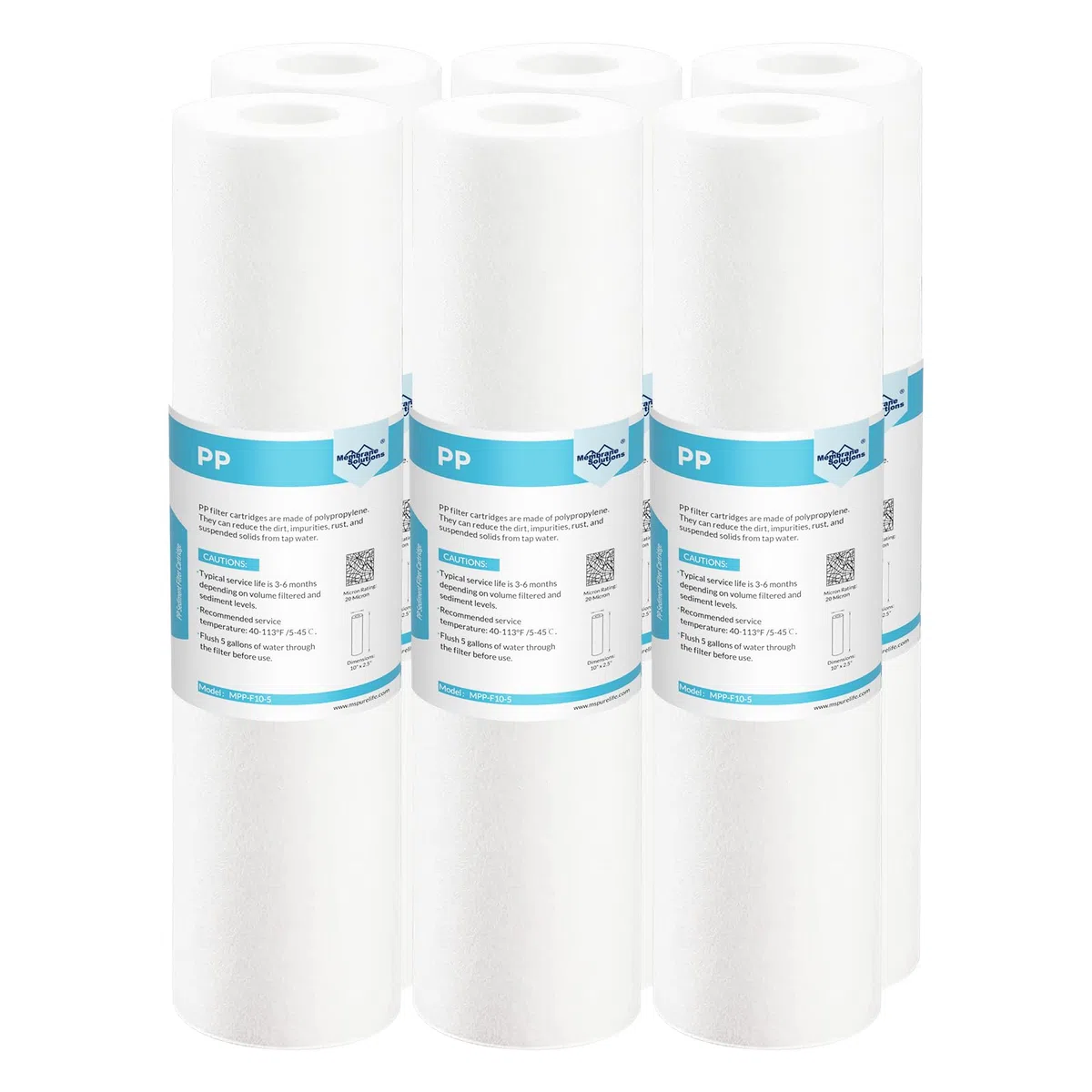 Membrane Solutions 10 x 2,5 pouces Remplacement de Filtres à Eau Sédiments en Polypropylène, Cartouche de Filtre, compatible avec Filtres Standards, Osmose Inverse - 20 Micron, 6 Pack