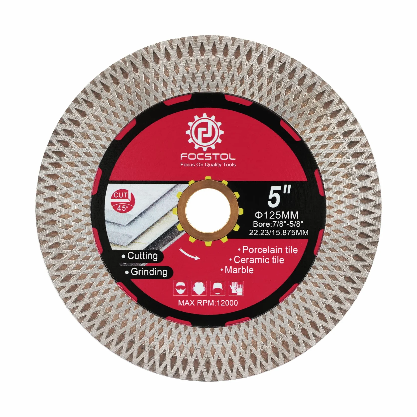 FOCSTOL Disque Diamant Carrelage - 125mm x 22,23mm Double Face Coupe Meulage Lame Scie Diamant pour Porcelaine Céramique Marbre Granit Artificielle Pierre avec X Mesh Jante