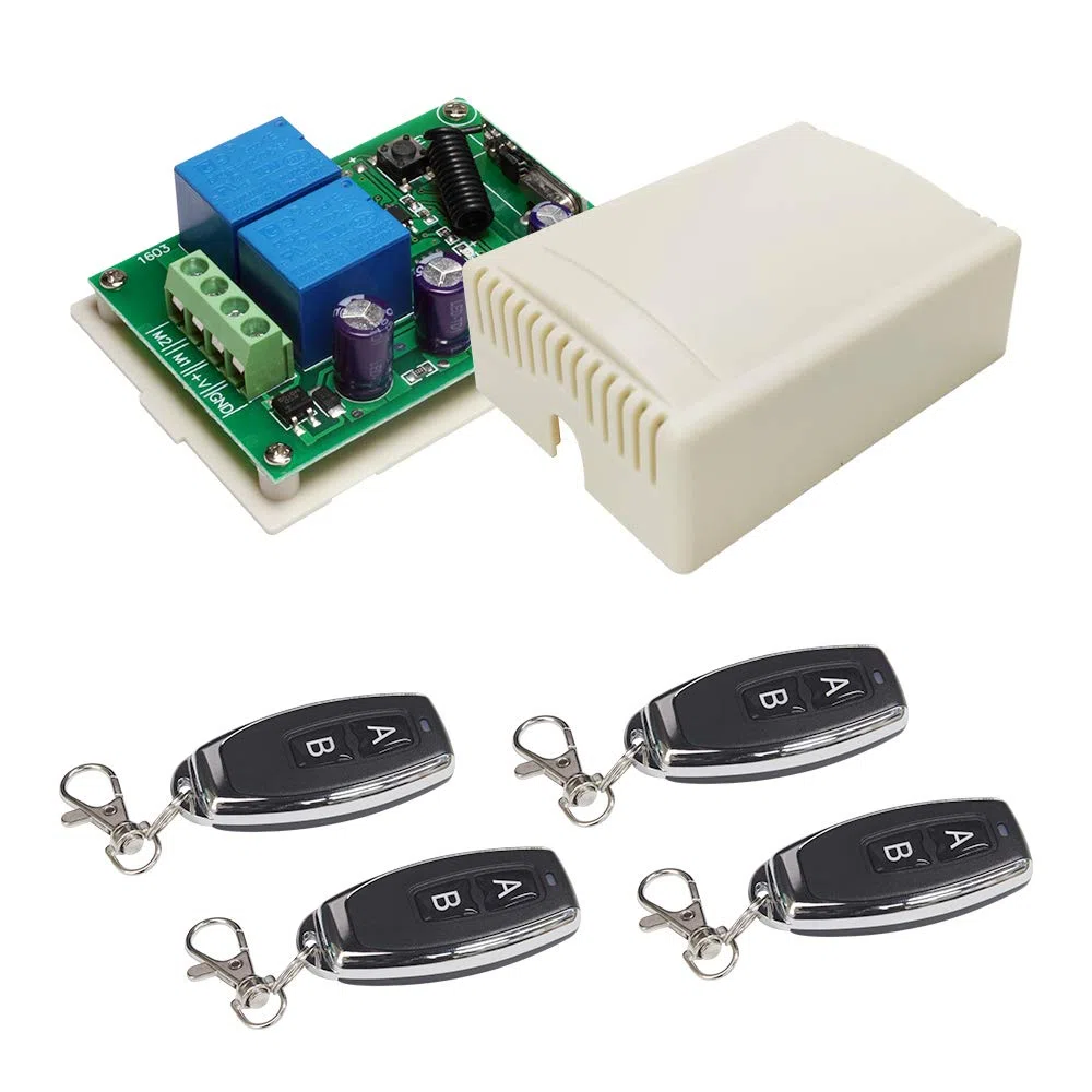 Contrôleur de moteur DC 12V DC, Commutateur de télécommande sans fil RF 433Mhz 10A Récepteur de relais avec 4 émetteurs, pour la rotation avant et arrière des moteurs, porte de porte, volet roulant