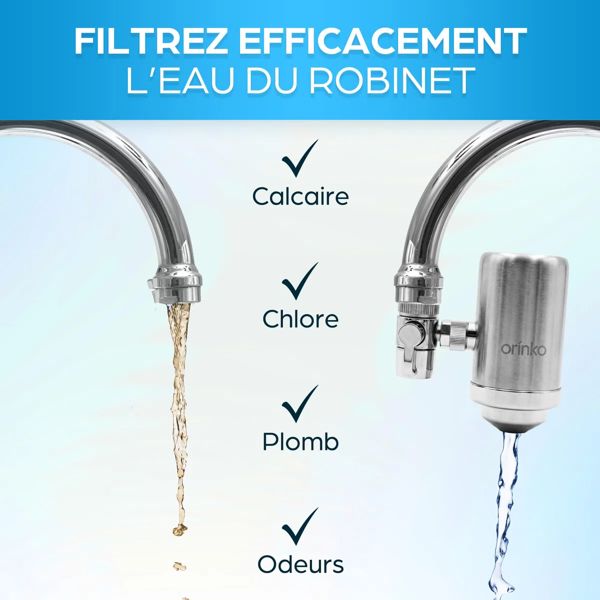 ORINKO Filtre à Eau pour Robinet Universel – Filtre Anti Calcaire, Chlore et Plomb - Purificateur d’Eau Potable 2L/min avec Cartouche Remplaçable – Système De Filtration à Charbon Actif pour Cuisine