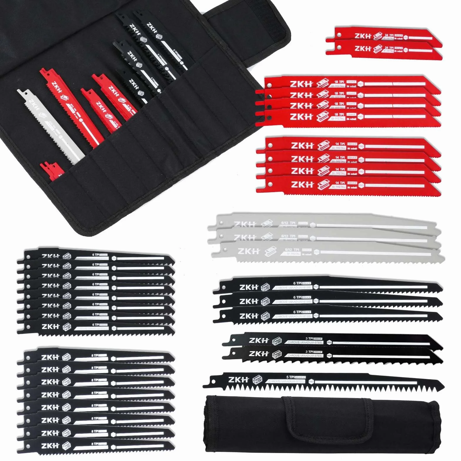 ZKH Lames de Scie Sabre 35PCS, 13pcs BI-MÉTAL et 22pcs CRV, Jeu de Lames de Scie Sabre pour Couper le Bois, le Métal, l'Acier, Scie Sabre pour des Coupes Rapides et Nettes avec Sacoche de Rangement