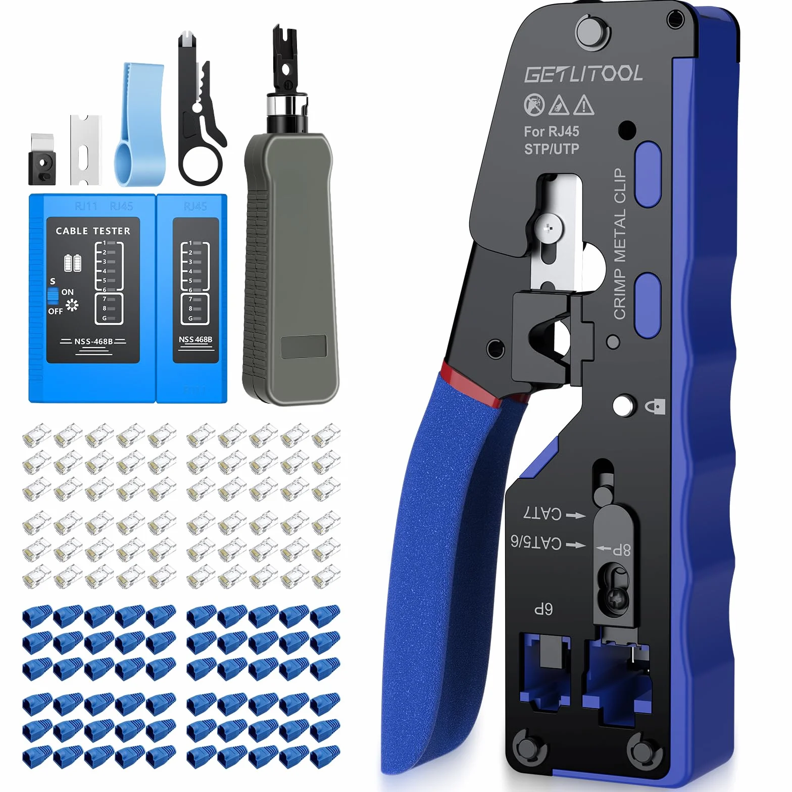 GETLITOOL Kit D'Outils de Sertissage RJ45 Pince à Sertir pour Réseau Ethernet,avec 60 Connecteurs Traversants RJ45/Cat5/Cat6/Cat6a/Cat7,60 Couvercles de Protection,Réseau Domestique DIY Bleu