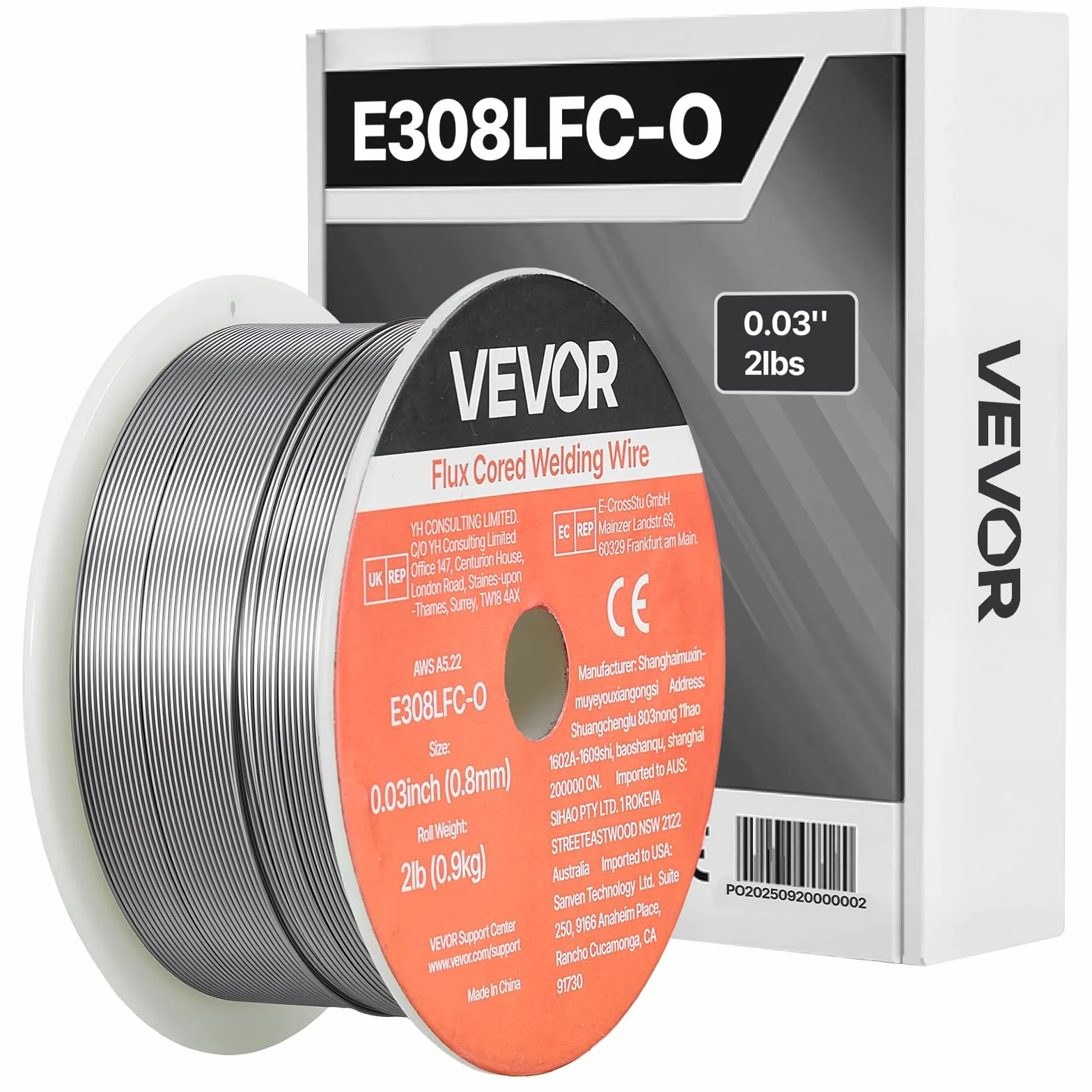 VEVOR Fil Fourré sans Gaz 0,8 mm 0,9 kg par Bobine Fil de Soudage MIG E308LFC-O pour Soudage à l'Arc de Toutes Positions, Auto-protégé, Utilisation Extérieure, Acier Inoxydable, Faible Projection