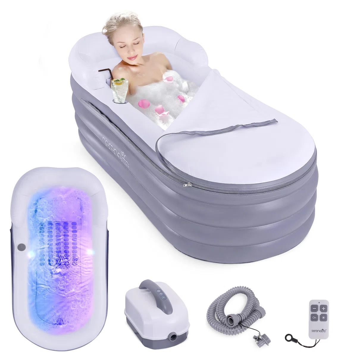 SereneLife Baignoire de Spa avec Tapis de Massage à Bulles, Baignoire Gonflable avec Coussin, Porte-Gobelet, Télécommande pour Éclairage LED, Dossier et Accoudoirs, Convient jusqu'à 86 kg