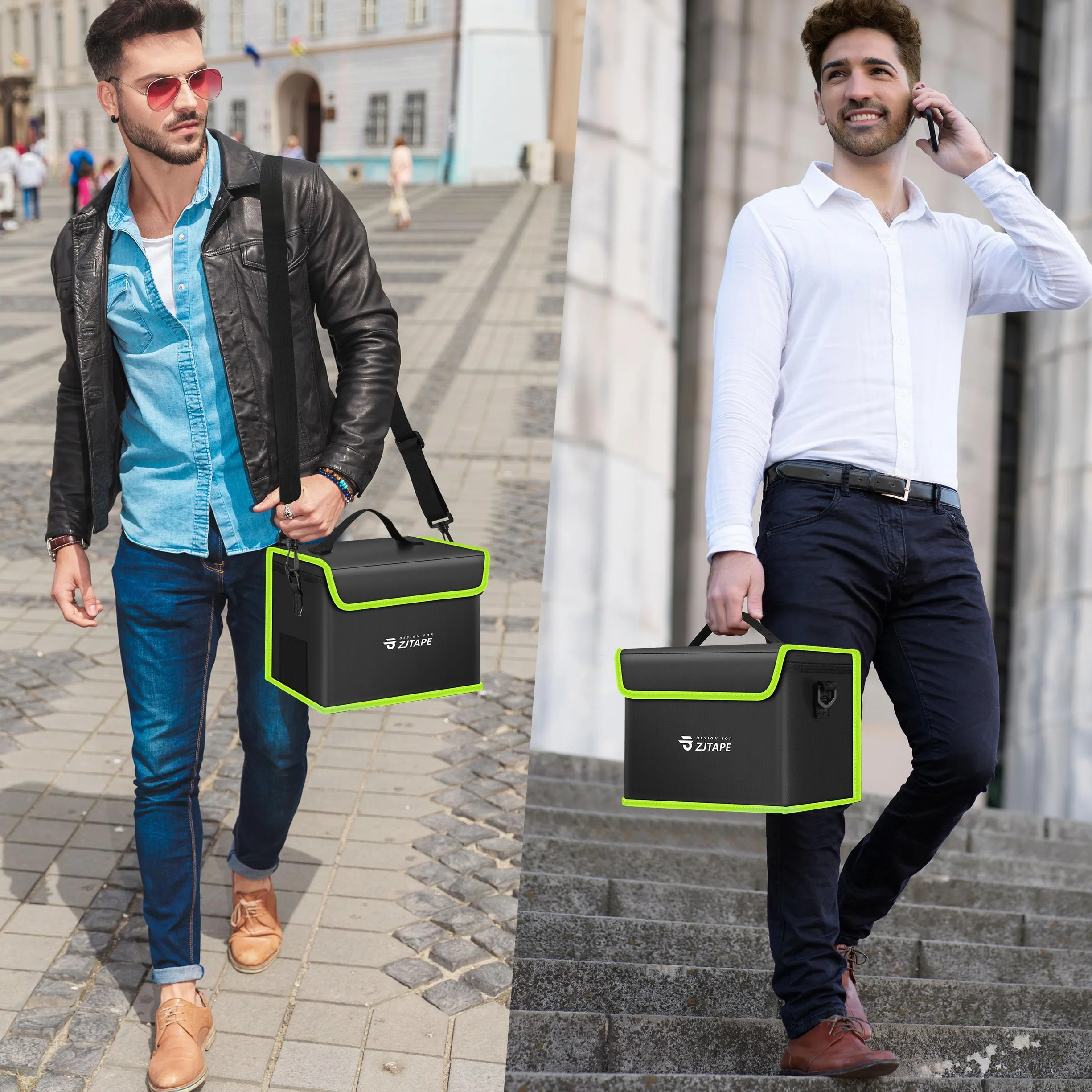 ZJTAPE Sac Lipo Sécurisé Ignifuge, Grand Espace de Stockage, Coffre-Fort, Sac de Batterie Réglable (Noir, Vert)