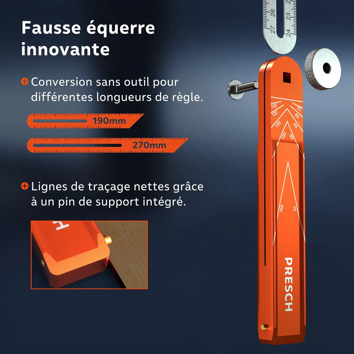 Presch Fausse Équerre incl. règle supplémentaire - 190mm & 270mm - Transfert d'angle précis - Règle avec fonction de trusquin fraisée en aluminium usiné avec précision & en acier inoxydable