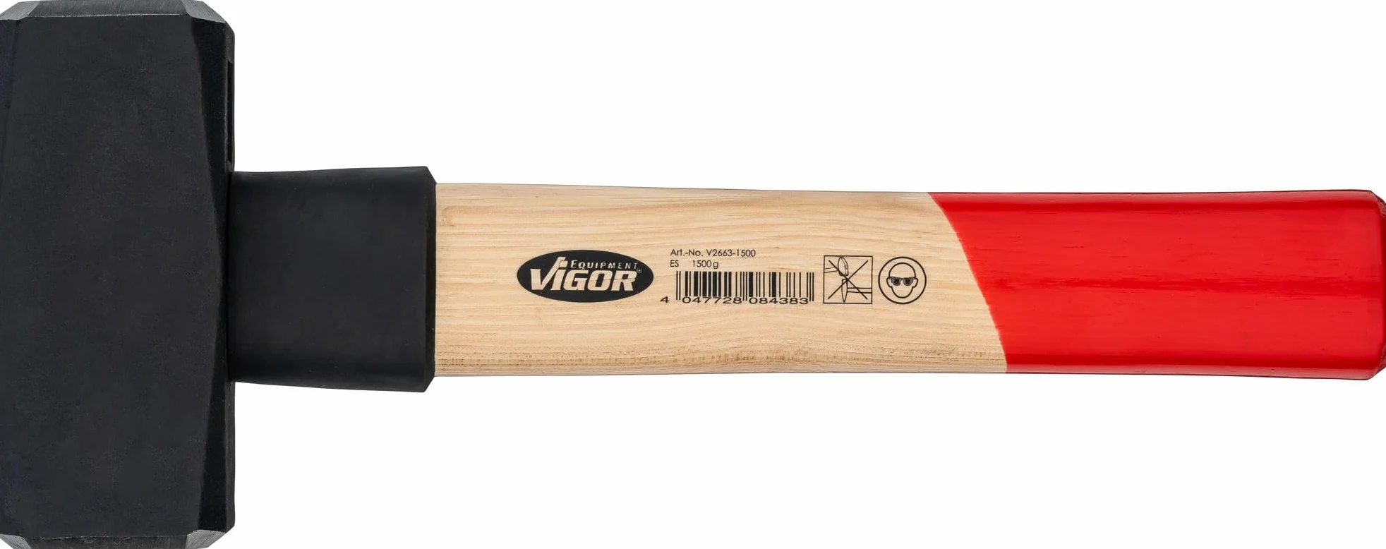 ViGOR V2663-1500 Massette 1500 g, manche en bois d'hickory avec protection contre les chocs en caoutchouc, longueur 280 mm, marteau lourd pour des coups puissants et un travail précis