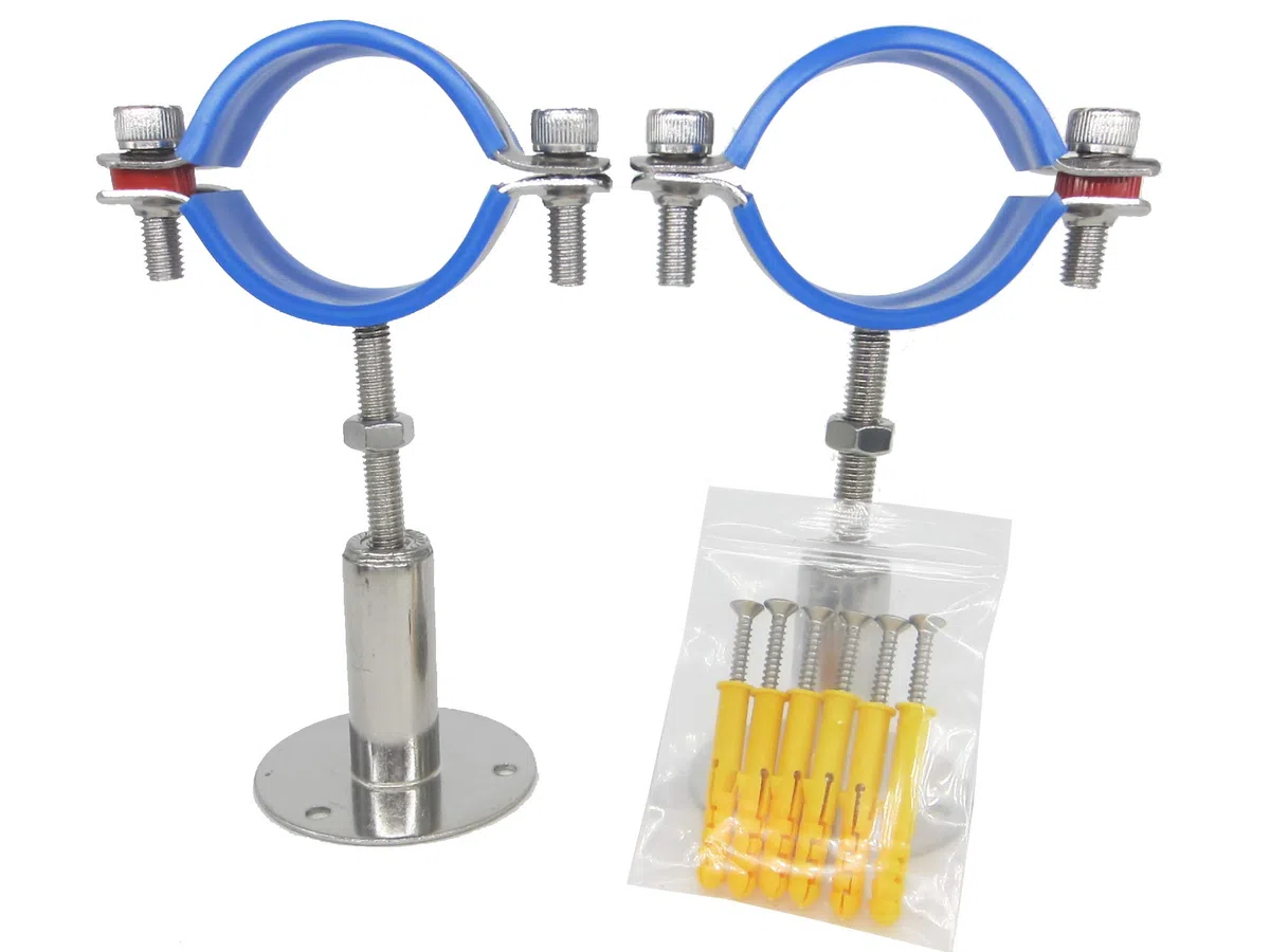 Acier inoxydable - Collier de serrage réglable en hauteur - Montage mural/au plafond pour tubes de 60 mm à 65 mm - Charge lourde - Support de tube inoxydable avec matériel de fixation - Lot de 2