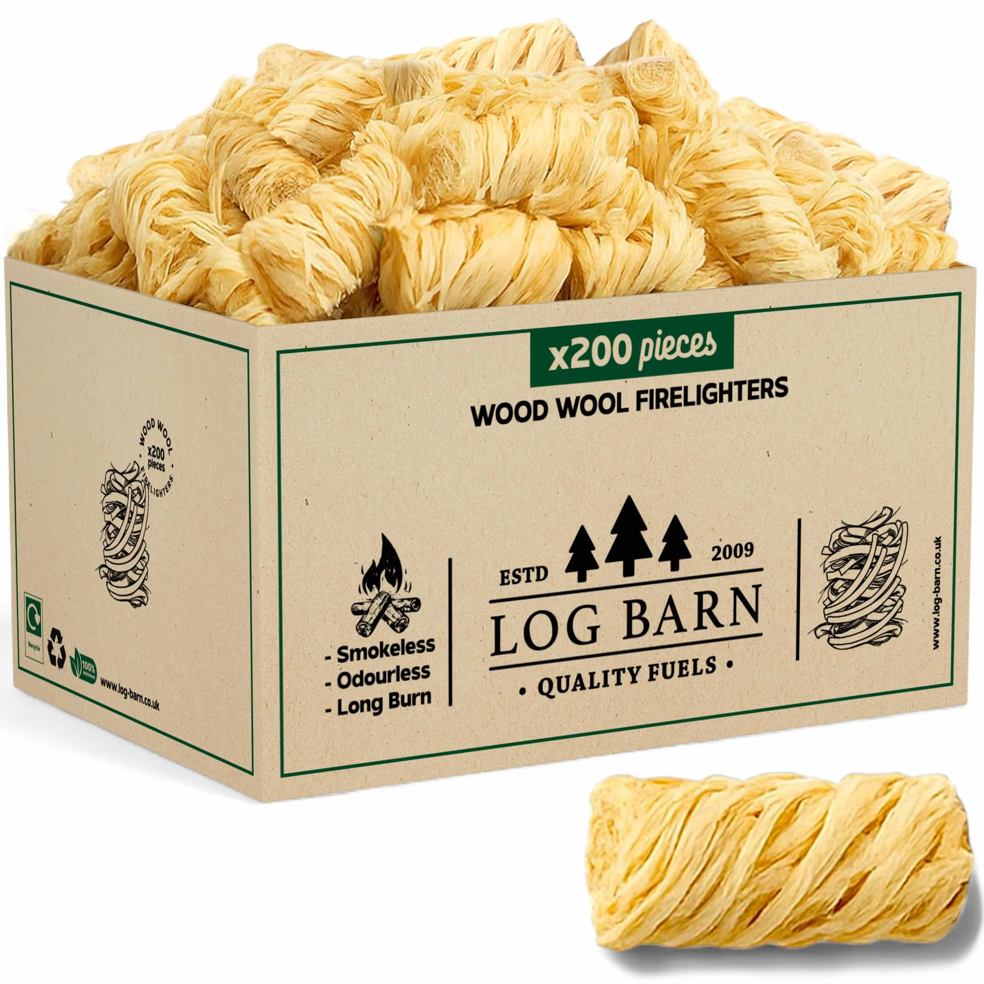 Log Barn Allume-feu Naturel Boîte de 200 pour Barbecue, Poêles à Bois, Foyers