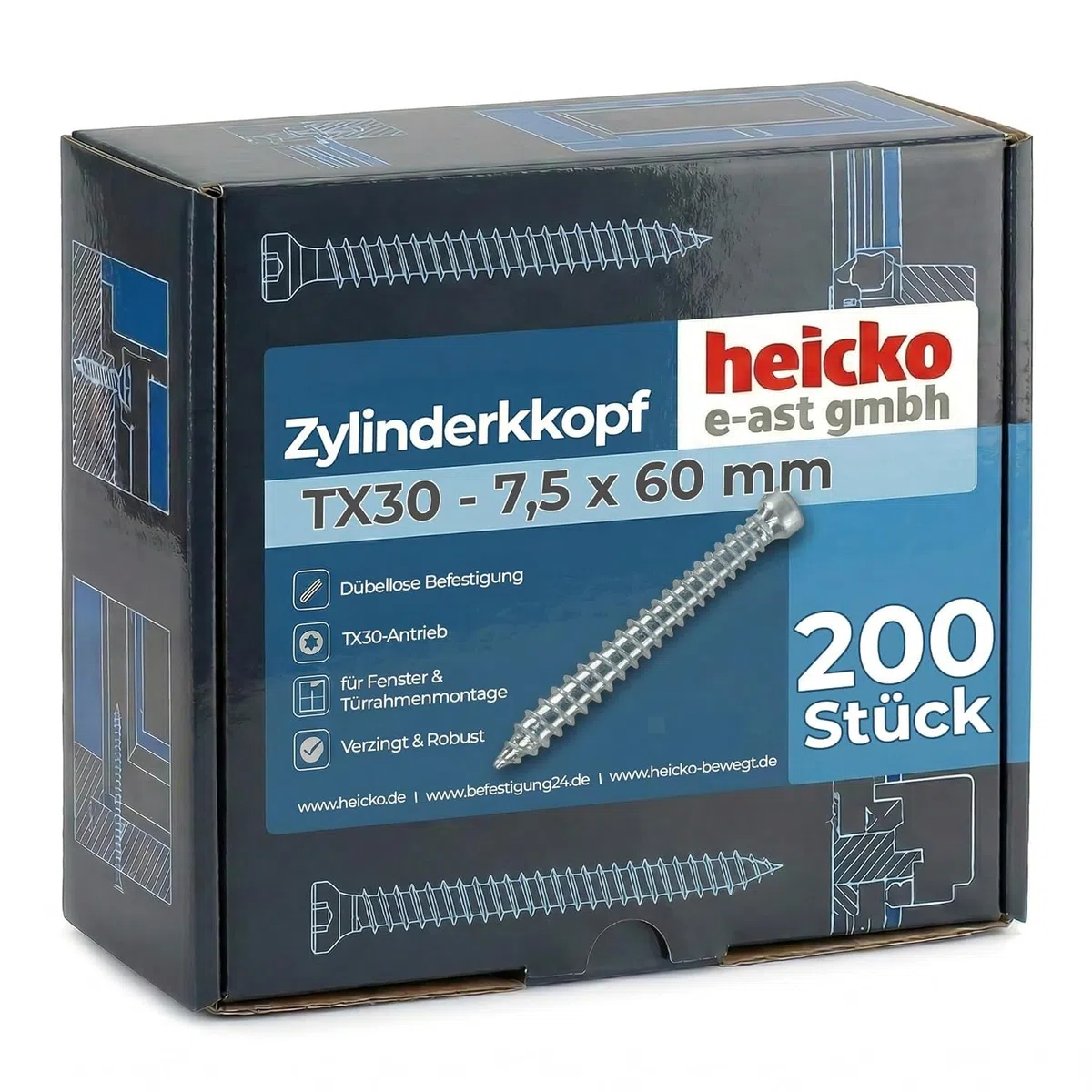 7.5x60, Vis de pose dans PVC et bois, tête cylindrique Tx 30, zingué blanc, VE=100