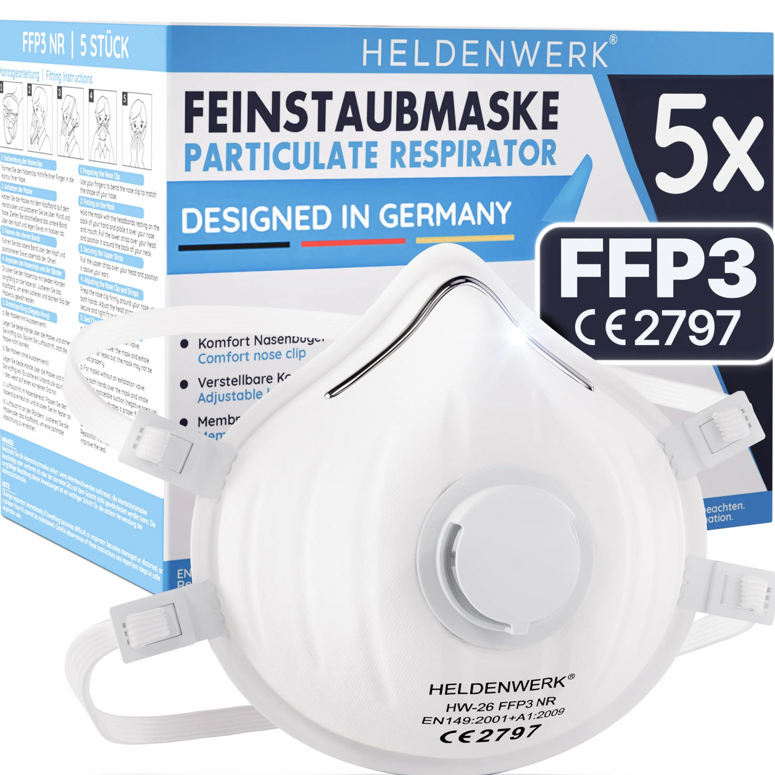 HELDENWERK FFP3 Masque avec valve – Lot de 5, 10 ou 20 – Masque respiratoire / Masque anti-poussière certifié Valve d'expiration – Masques anti-poussière avec sangle arrière réglable