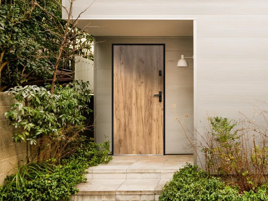 Vente-unique - Porte d'entrée en acier pleine H207 x L100 cm effet chêne - épaisseur 55 mm - poussant gauche - AGUEDA