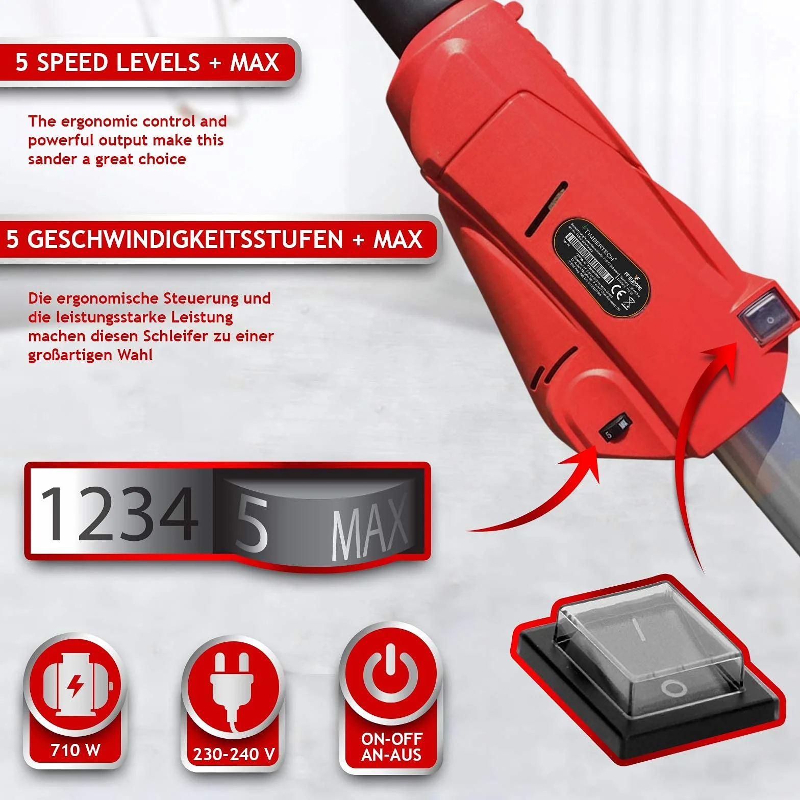 TIMBERTECH® Ponceuse Girafe - 710 W, 6 Disques de Ponçage Ø 220 mm, 1000-2100 tr/min, Noir/Rouge - Ponceuse à Bras, Cloison Sèche, pour Plafond, Mur (Rouge)