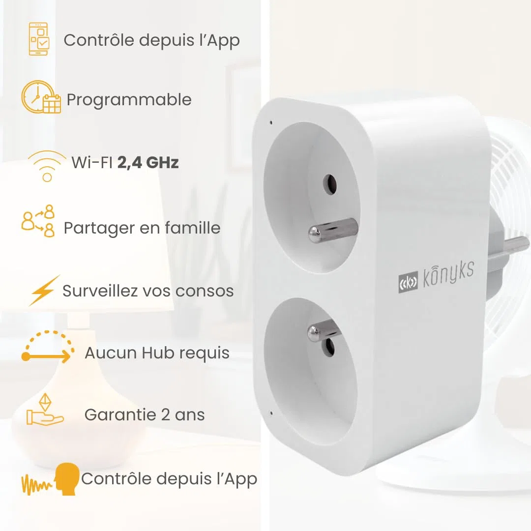 Konyks Priska Duo FR prise double Wi-Fi + BT, contrôle ON/OFF à distance, suivi de la consommation des 2 appareils simultanément, compatible Smartlife et Tuya, Amazon Alexa et Google Home
