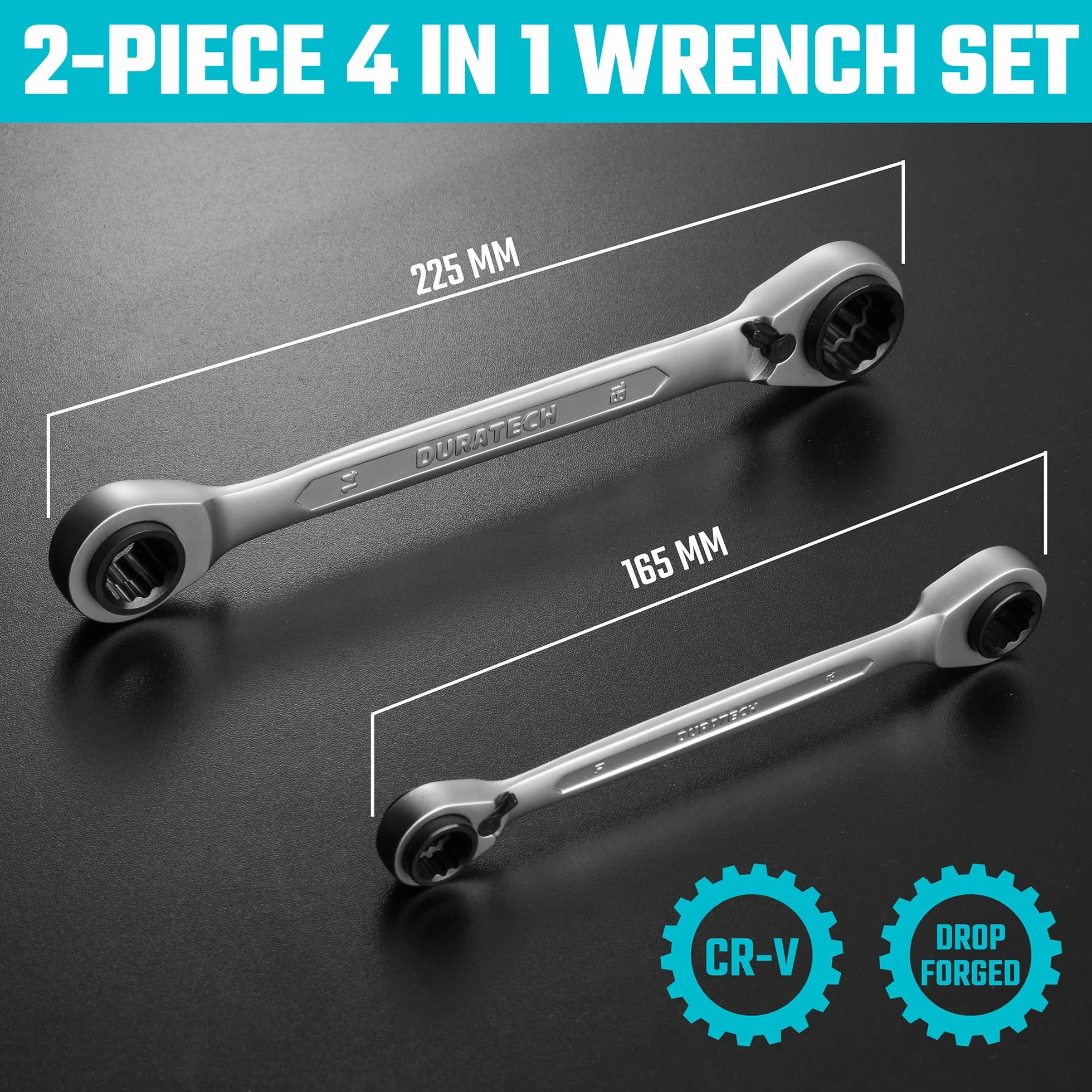 DURATECH Lot de 2 clés à cliquet réversibles 4-en-1, clés à doubles extrémités décalées, métriques, 8, 10, 12, 13 & 14, 15, 17, 19 mm