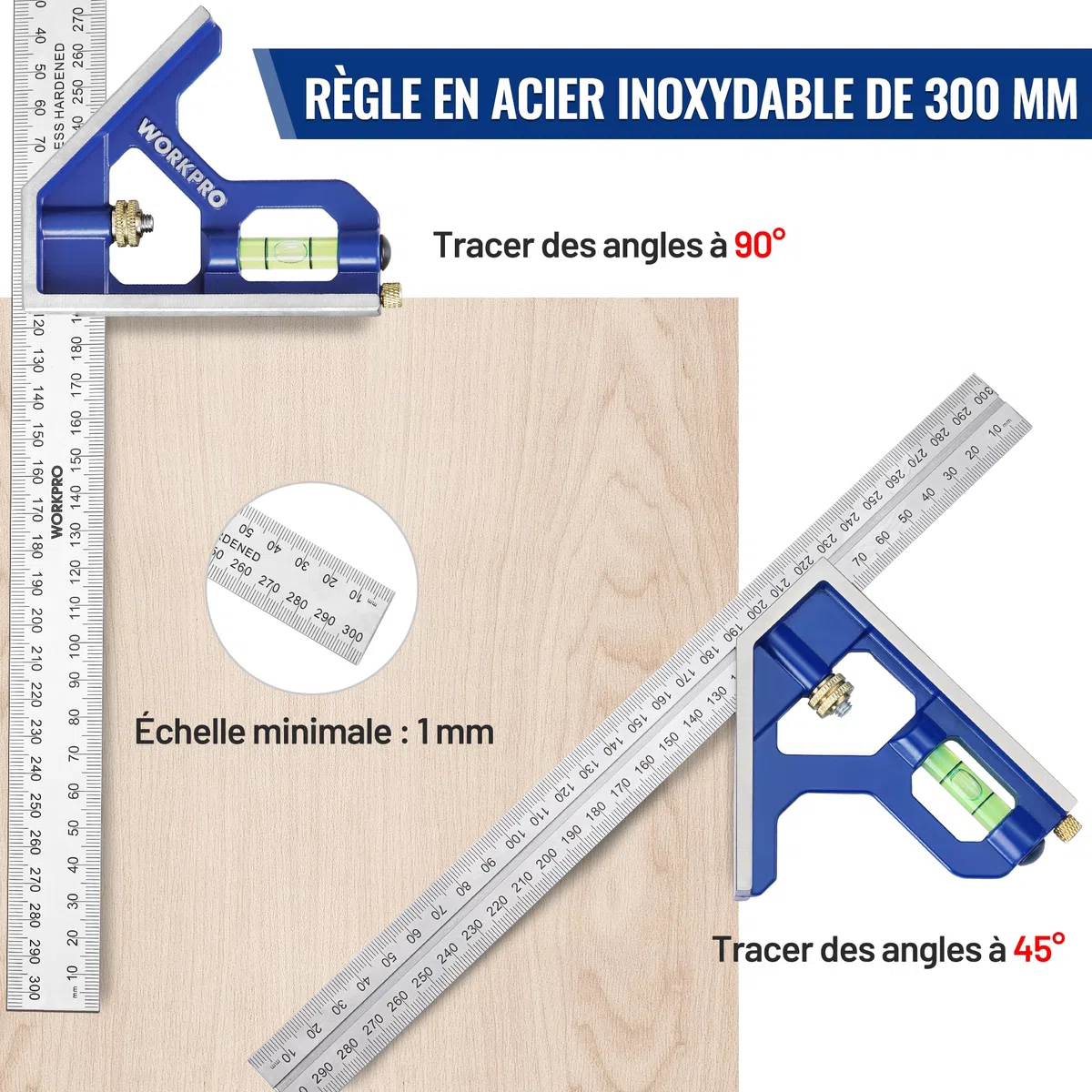 WORKPRO Equerre Menuisier 300 mm et Equerre Charpentier Triangulaire 180mm, Equerre Combinée avec Niveau à Bulle en Acier Inoxydable, Ensemble d'Outils d'Equerre pour Bricolage, Outillage, Menuiserie
