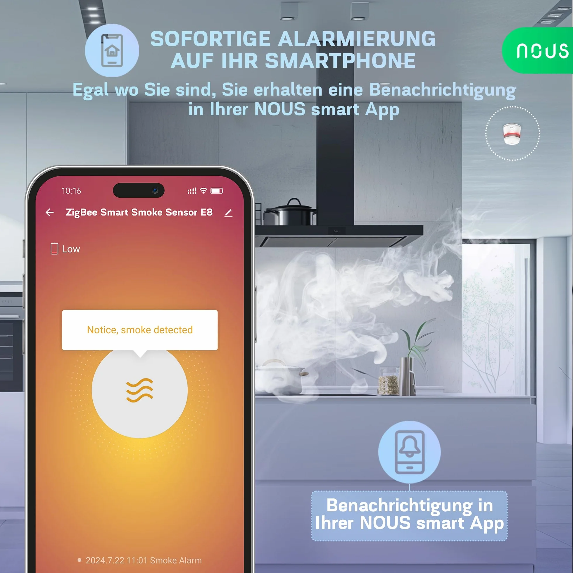 NOUS E8 Détecteur de Fumée Zigbee Intelligent, Capteur Photoélectrique avec Alarme 85dB, Batterie 3 Ans, Contrôle Via Application, Compatible Alexa, Google Assistant, pour Maison Et Bureau