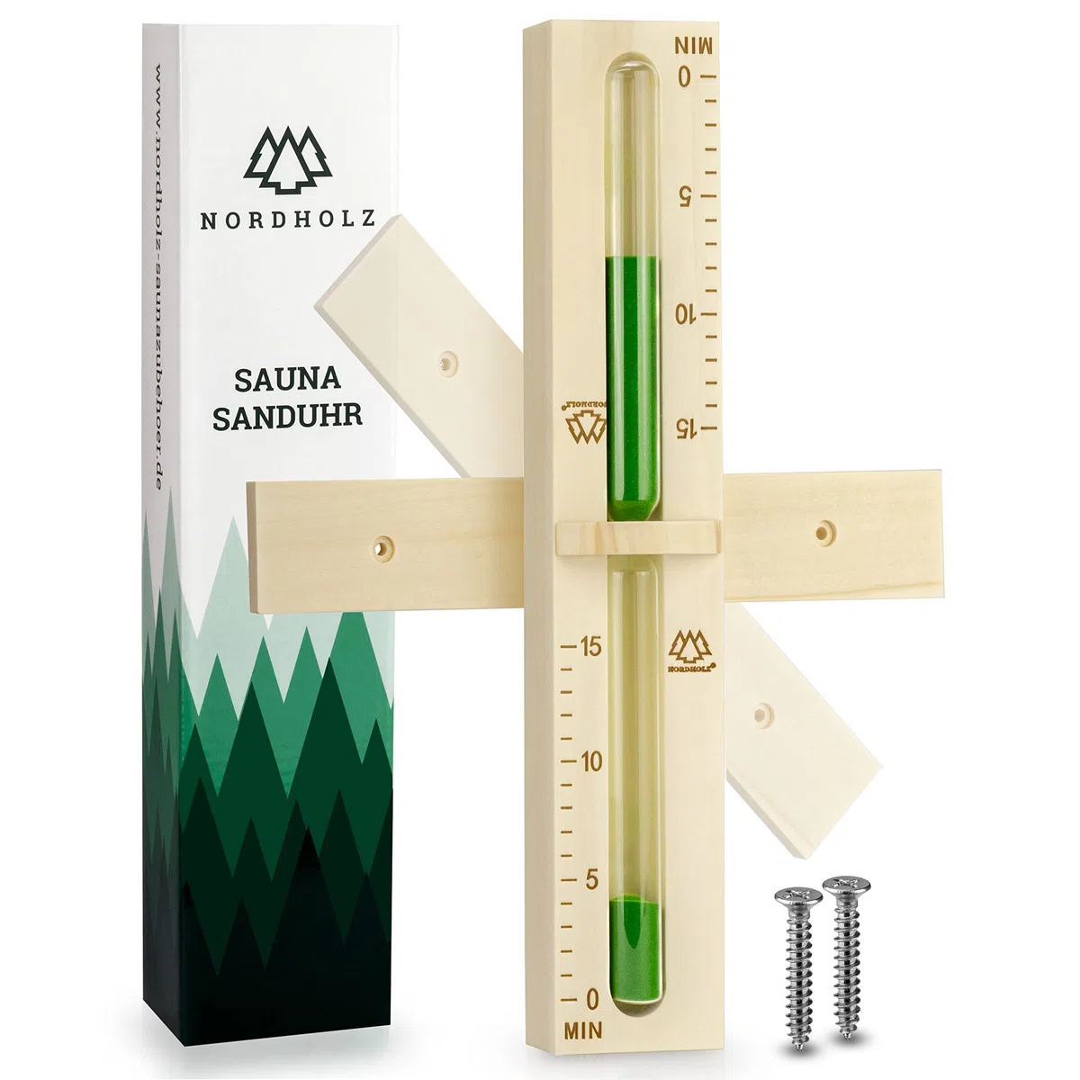 Sablier de sauna de 15 minutes en épicéa 100% nordique avec verre robuste résistant à la chaleur et couleur contrastante vert foncé + 2 vis en acier inoxydable - Accessoires sauna haute qualité
