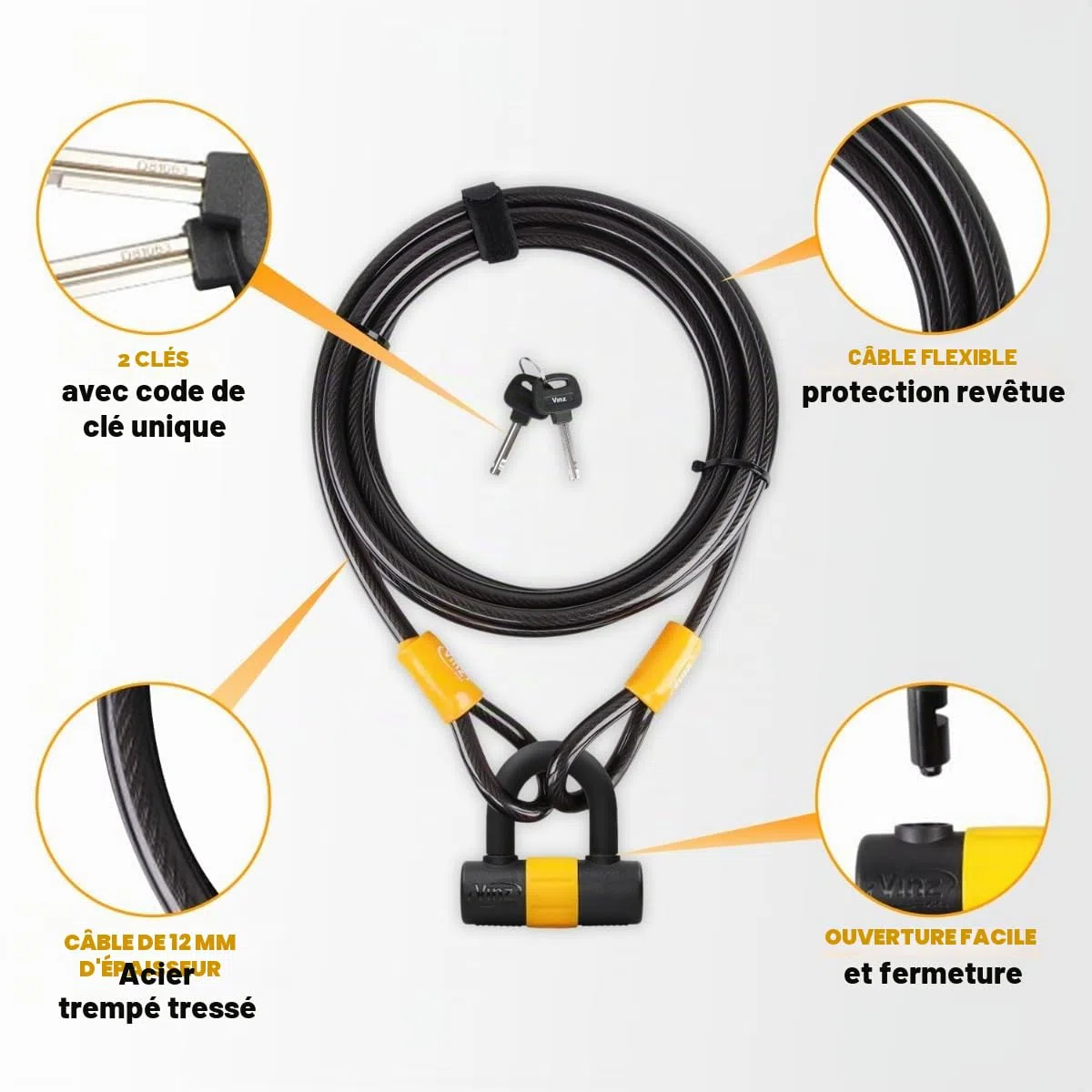 VINZ Kinabalu Cable de Sécurité avec Serrure à Clé | Cable de Verrouillage Flexible | Longueur 300 cm | Haute Résistance et Fiabilité | Idéale pour Protéger Votre Meubles, Moto, Scooter ou Vélo |...