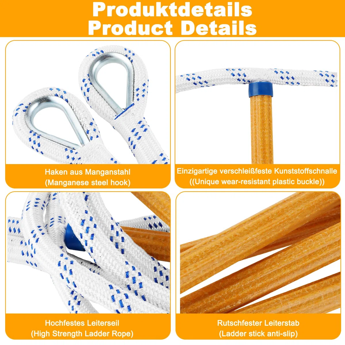 Échelle De Corde 2 m avec Crochets De Fixation | 2 m, Orange et Blanc, Barreaux 28 cm, Polypropylène, Résine, 2 Crochets, 2 Anneaux, Pliable, Portable
