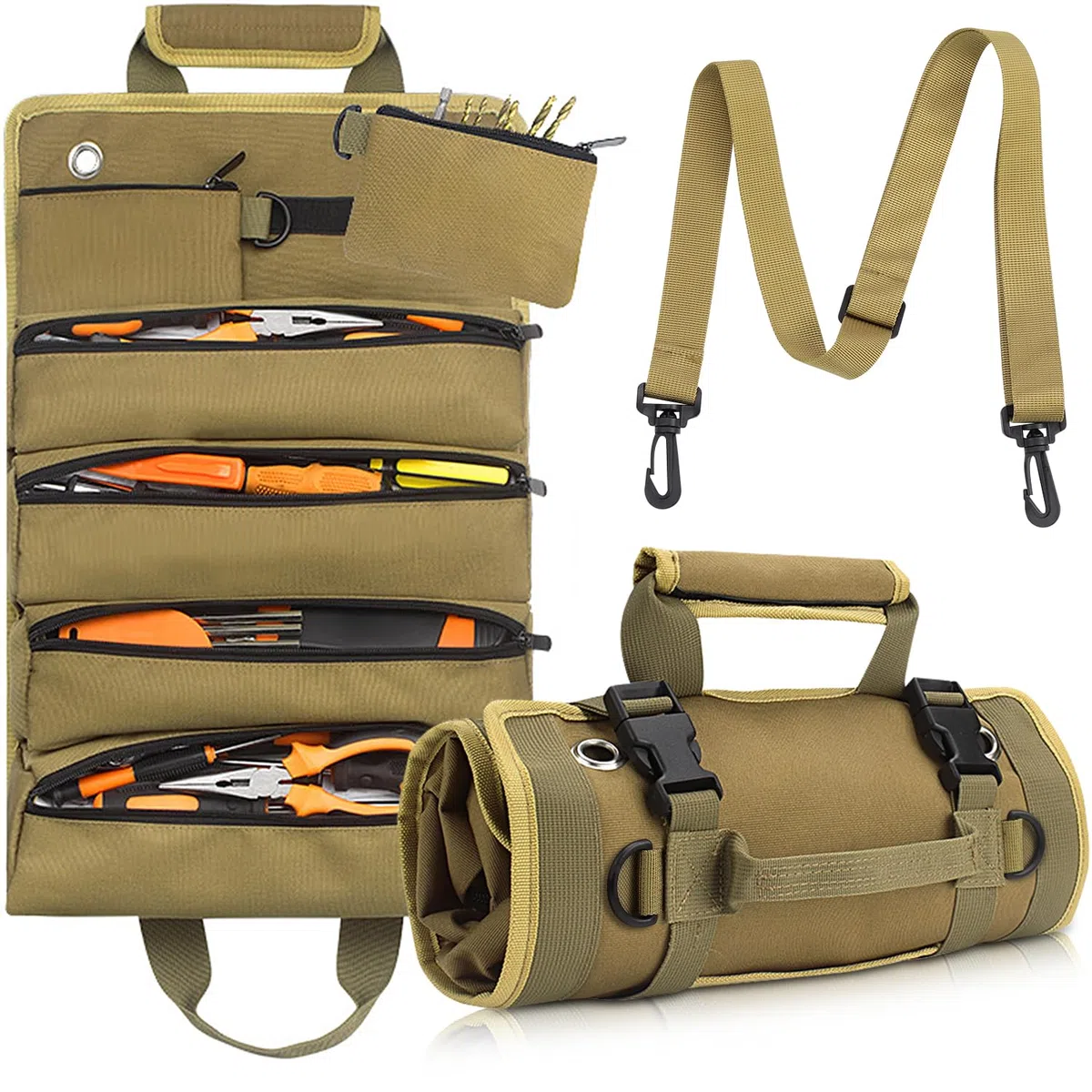Sac à Outils Enroulable Trousse a Outils Sacs Porte-Outils Moto avec 5 Poches à Fermeture Éclair pour Ménage Charpenterie Électricien Voitures