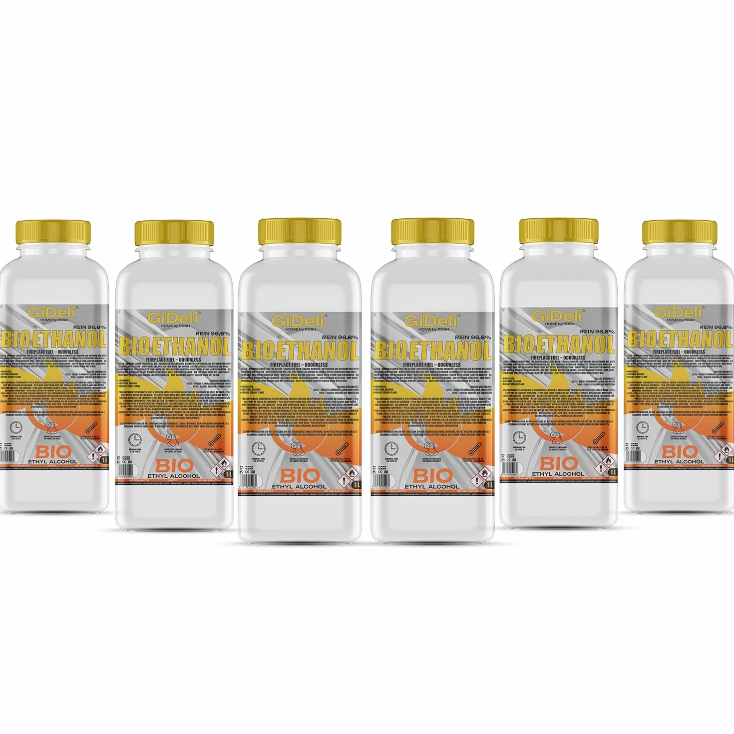 GiDeli Bioéthanol 96,6 % inodore 6 x 1 l – Bio éthanol pour cheminée de table, cheminée intérieure et extérieure – Sans fumée et sans suie – Fabriqué à partir de maïs et de betterave à sucre