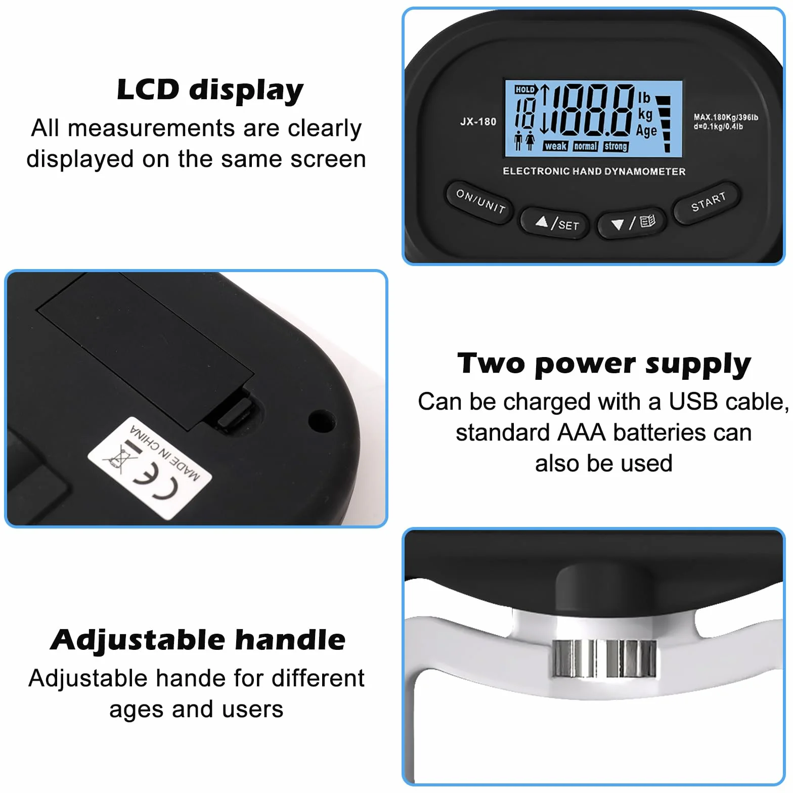 Vegena Dynamomètre de Force Manuelle, 198 Livres/90 Kilogrammes, Dynamomètre de Préhension avec Affichage LED et Câble de Chargement USB, Appareil de Mesure de La Force de La Main
