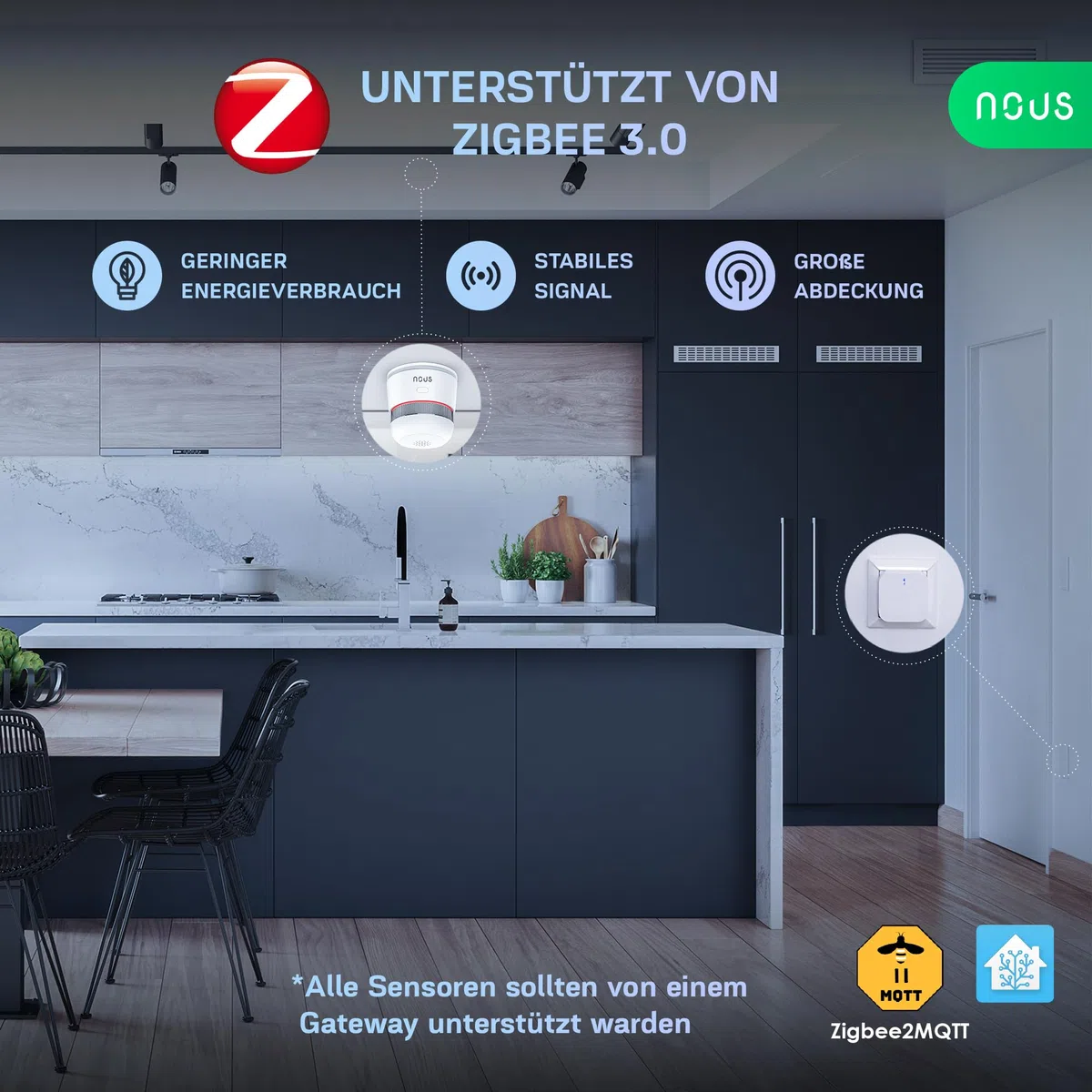 NOUS E8 Détecteur de Fumée Zigbee Intelligent, Capteur Photoélectrique avec Alarme 85dB, Batterie 3 Ans, Contrôle Via Application, Compatible Alexa, Google Assistant, pour Maison Et Bureau