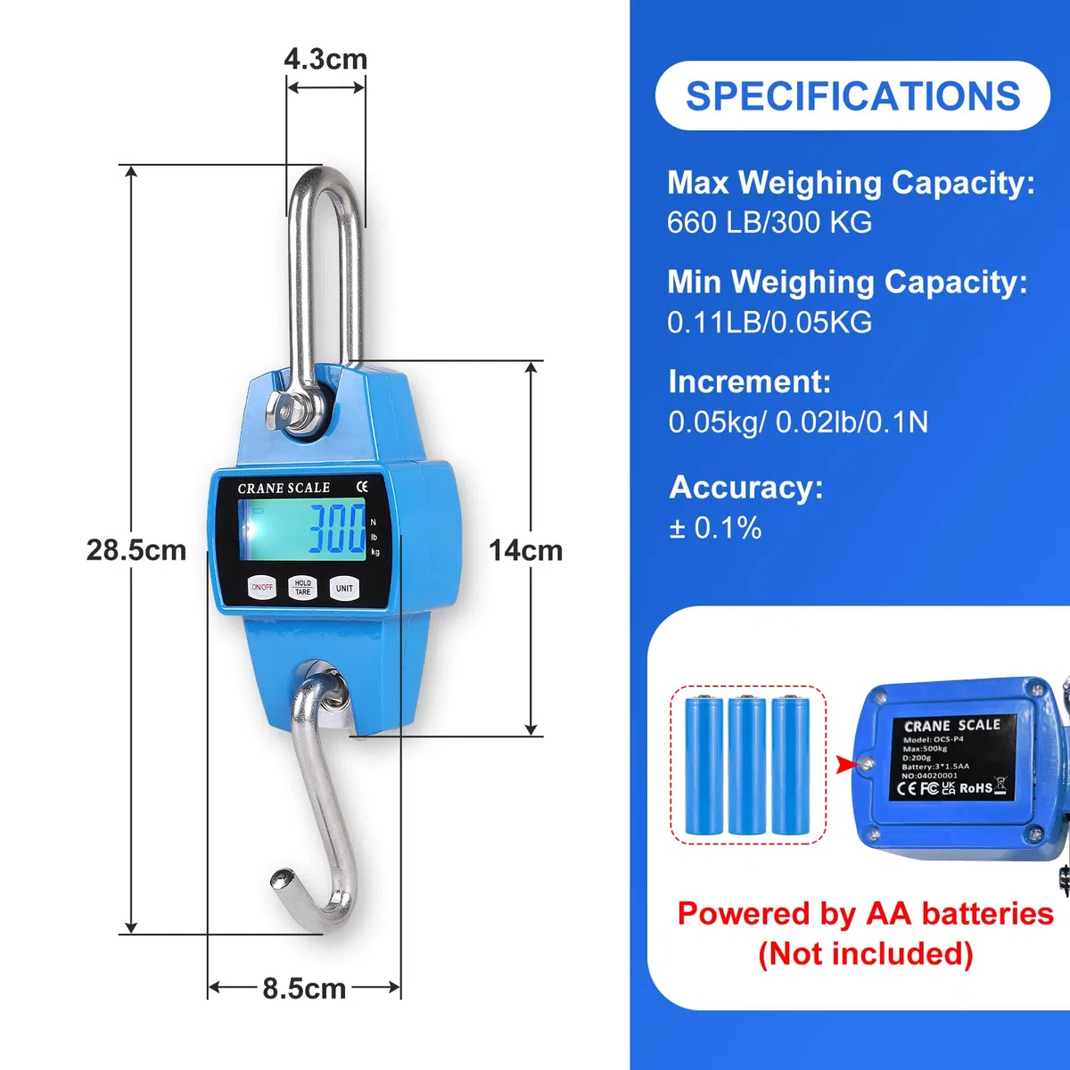 EFUTURETIME Balance Suspendue Numérique 300 KG, Balance À Grue Crochet Électronique en Aluminium avec Capteur Précis LCD Portable pour Chasse, Pêche, Ferme, L'usine, Pesage sur Quai, Bleu