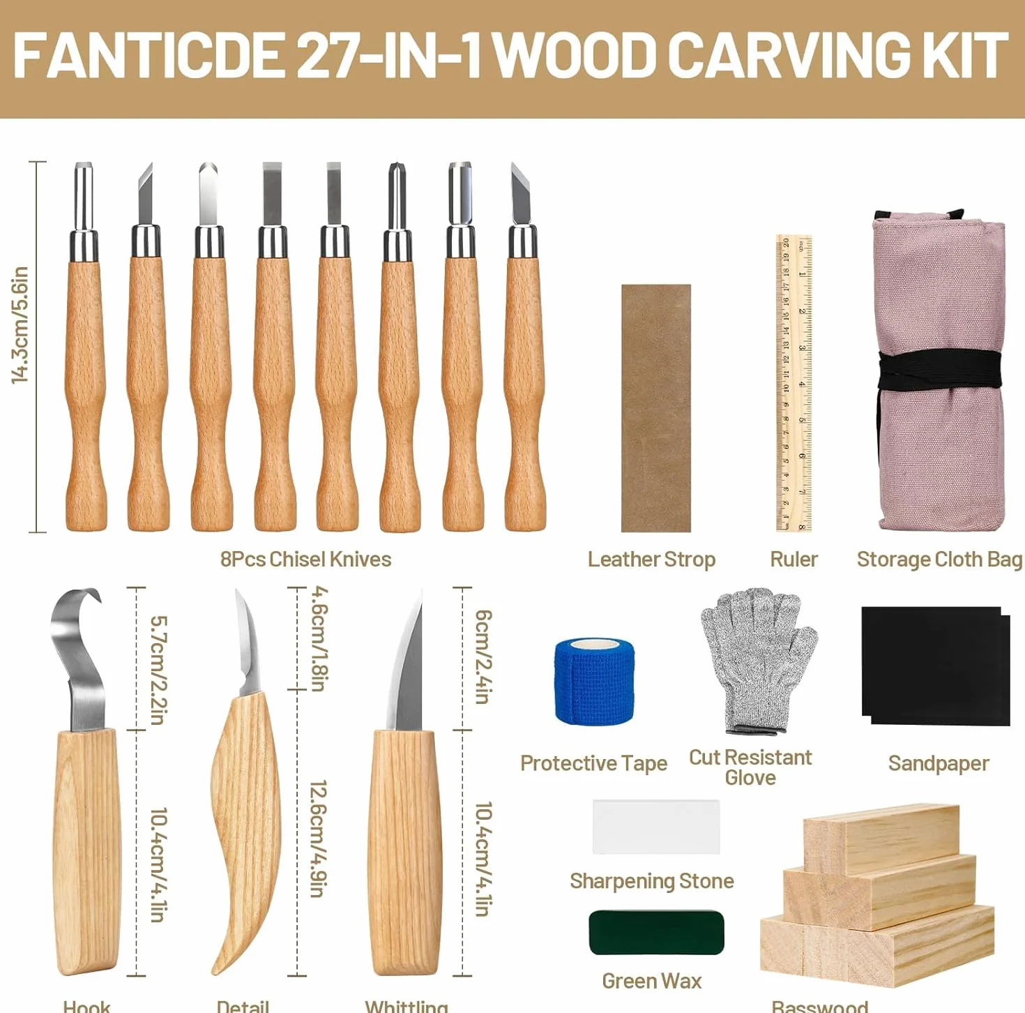 25PCS Set d'outils de sculpture sur bois,Ensemble d'outils de sculpture avec Gants Résistants aux Coupures, Manche et Pierre à Aiguiser, Pour les Débutants et les Professionnels