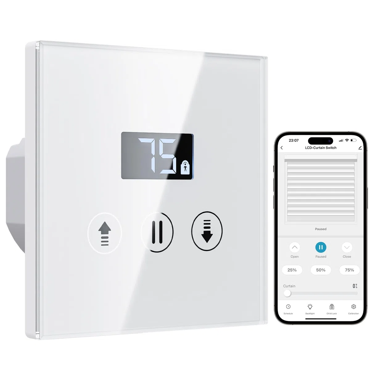 Interrupteur Volet Roulant Connecté, 80 * 80 mm Interrupteur Tactile de Stores Compatible avec Alexa/Google Home, Équipé un Écran LCD en Pourcentage Contôle à Distance (Fil Neutre Requis)