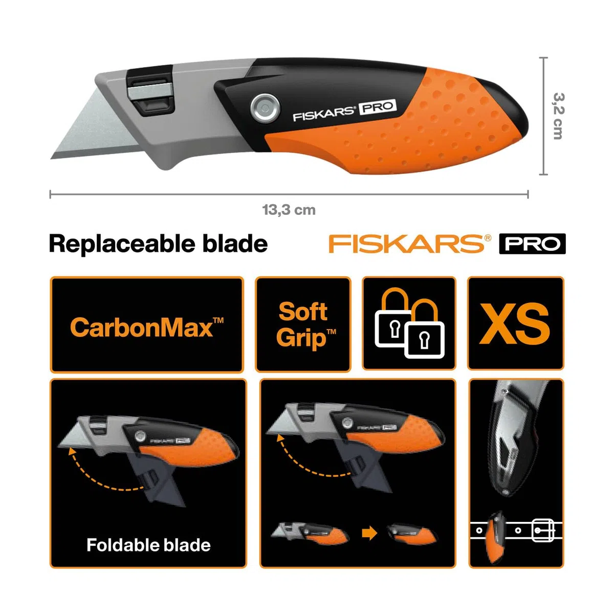 Fiskars Pro Cutter Pliant Universel Compact, Longueur 12 cm, Acier Inoxydable/Plastique, Noir/Orange, CarbonMax, 1062939