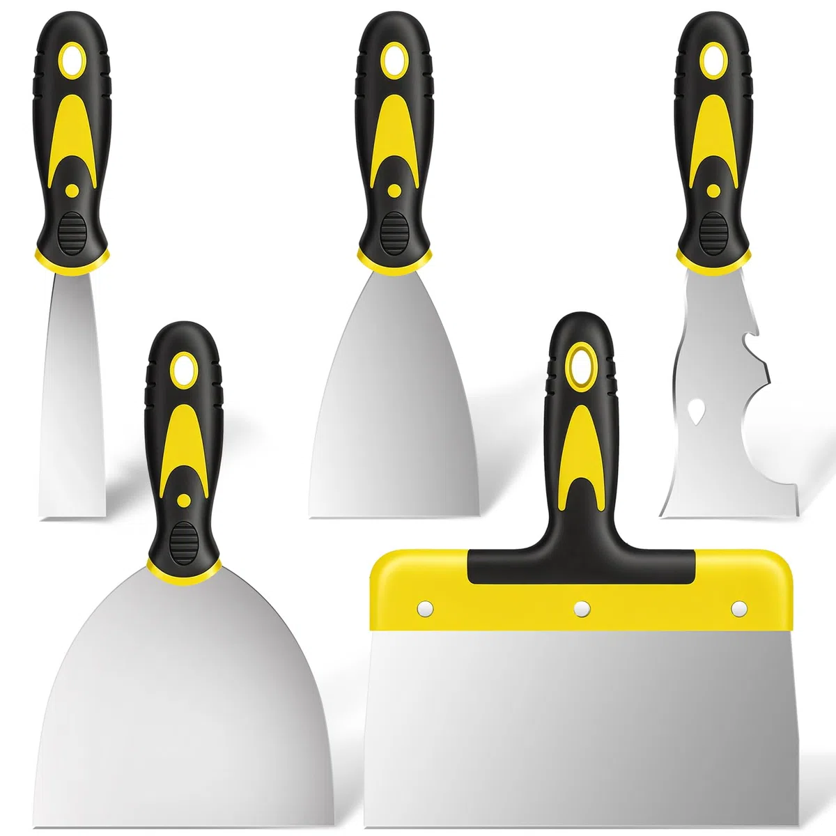 DEKEones Lot de 5 grattoirs à papier peint en acier inoxydable comprenant 4 grattoirs à peinture et 1 outil multi-racloir, décapant de peinture pour décalcomanies de cloison sèche